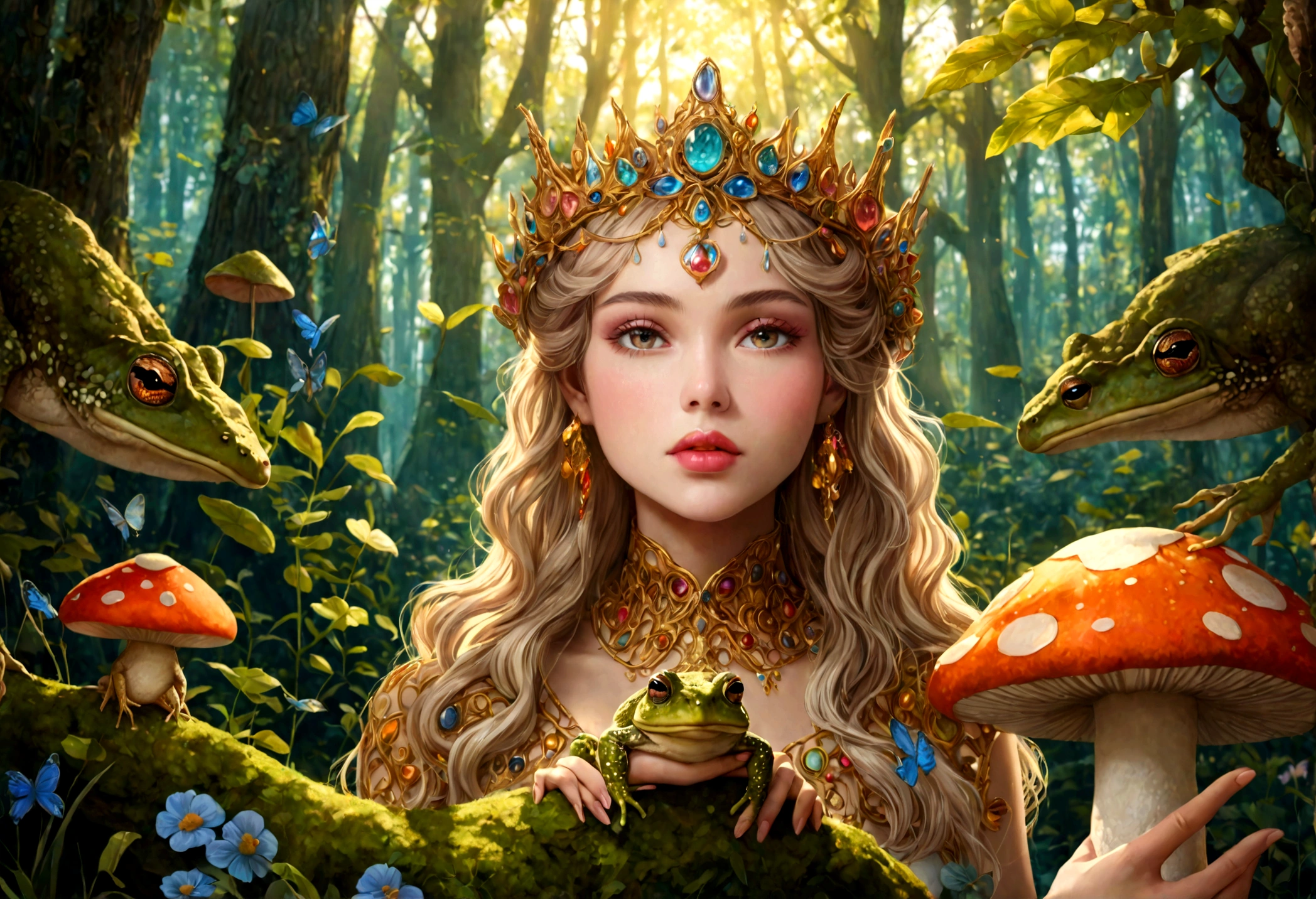 a lovely woman,toad queen,holding court on large bright toadstool,forest animals seek her wisdom,1girl,detailed eyes,detailed lips,longeyelashes,ethereal,magical realism,fantasy,whimsical,vibrant colors,dramatic lighting,golden hour,intricate details,highly detailed,photorealistic,8k,best quality
