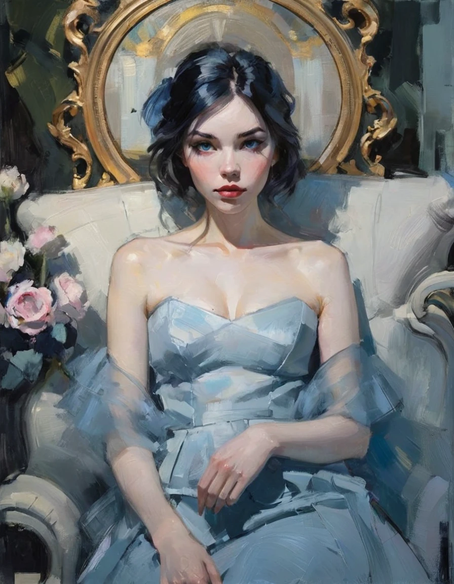 Create a contemporary portrait of a person in the expressive and painterly style of Malcolm Liepke, utilizing a palette of light pink, muted blue, dark grayish blue, bright blue, very dark gray, and light grayish blue. The portrait should feature a close-up of the subject's face with strong, dynamic brushstrokes and a focus on capturing the depth and texture characteristic of Liepke's work. Use light pink and bright blue for the highlights and vibrant areas, while employing muted blue, dark grayish blue, very dark gray, and light grayish blue to create shadows and depth. Ensure the background complements the portrait with subtle variations of the same color palette, evoking a sense of modern elegance and emotional intensity