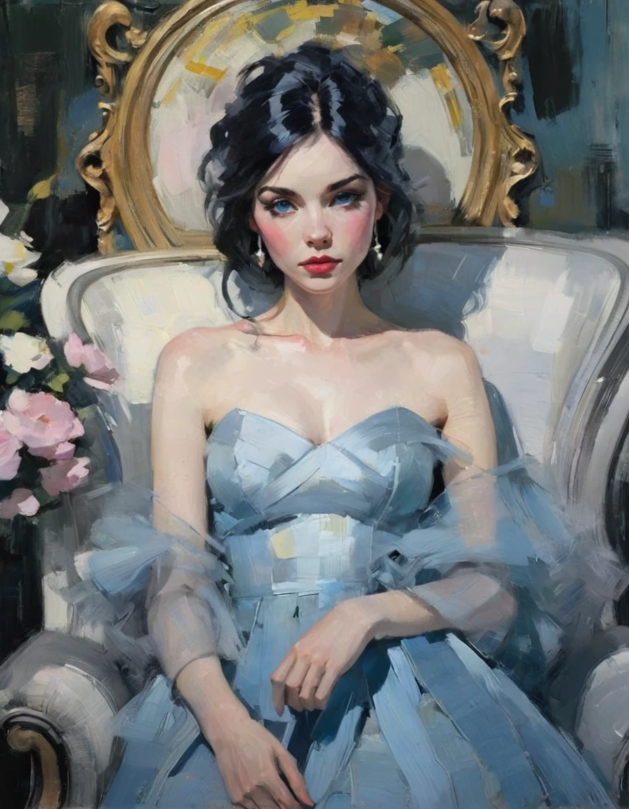 Create a contemporary portrait of a person in the expressive and painterly style of Malcolm Liepke, utilizing a palette of light pink, muted blue, dark grayish blue, bright blue, very dark gray, and light grayish blue. The portrait should feature a close-up of the subject's face with strong, dynamic brushstrokes and a focus on capturing the depth and texture characteristic of Liepke's work. Use light pink and bright blue for the highlights and vibrant areas, while employing muted blue, dark grayish blue, very dark gray, and light grayish blue to create shadows and depth. Ensure the background complements the portrait with subtle variations of the same color palette, evoking a sense of modern elegance and emotional intensity