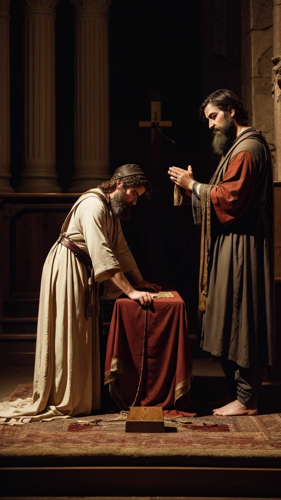 Isaac Tied on the Altar: A dramatic moment where Isaac is tied on the altar, looking on in confidence or fear, as Abraham is about to sacrifice his son