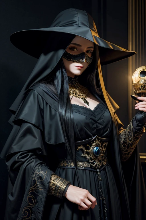 spectral figure draped in layers of flowing dark silks, her face half-covered by plague doctor mask with gold filigree,long shadowy hair. 4k, ultradetailed oil painting by OlchaS by Rembrandt