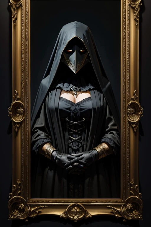 spectral figure draped in layers of flowing dark silks, her face half-covered by plague doctor mask with gold filigree,long shadowy hair. 4k, ultradetailed oil painting by OlchaS by Rembrandt
