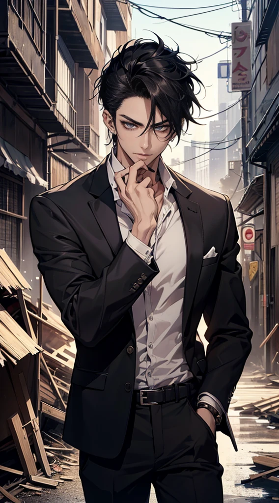 (masterpiece, best quality, highres, ultra-detailed), 1man, male focus, spiky black hair, grey eyes, handsome, detailed eyes and face, male body, earrings, ear piercing, unbuttoned black blazer, white shirt, trousers, bare collarbones, chain necklace, city slums background, by amano akira, full body, cigarette, cigarette smoke, guy smoking,1guy, masterpiece