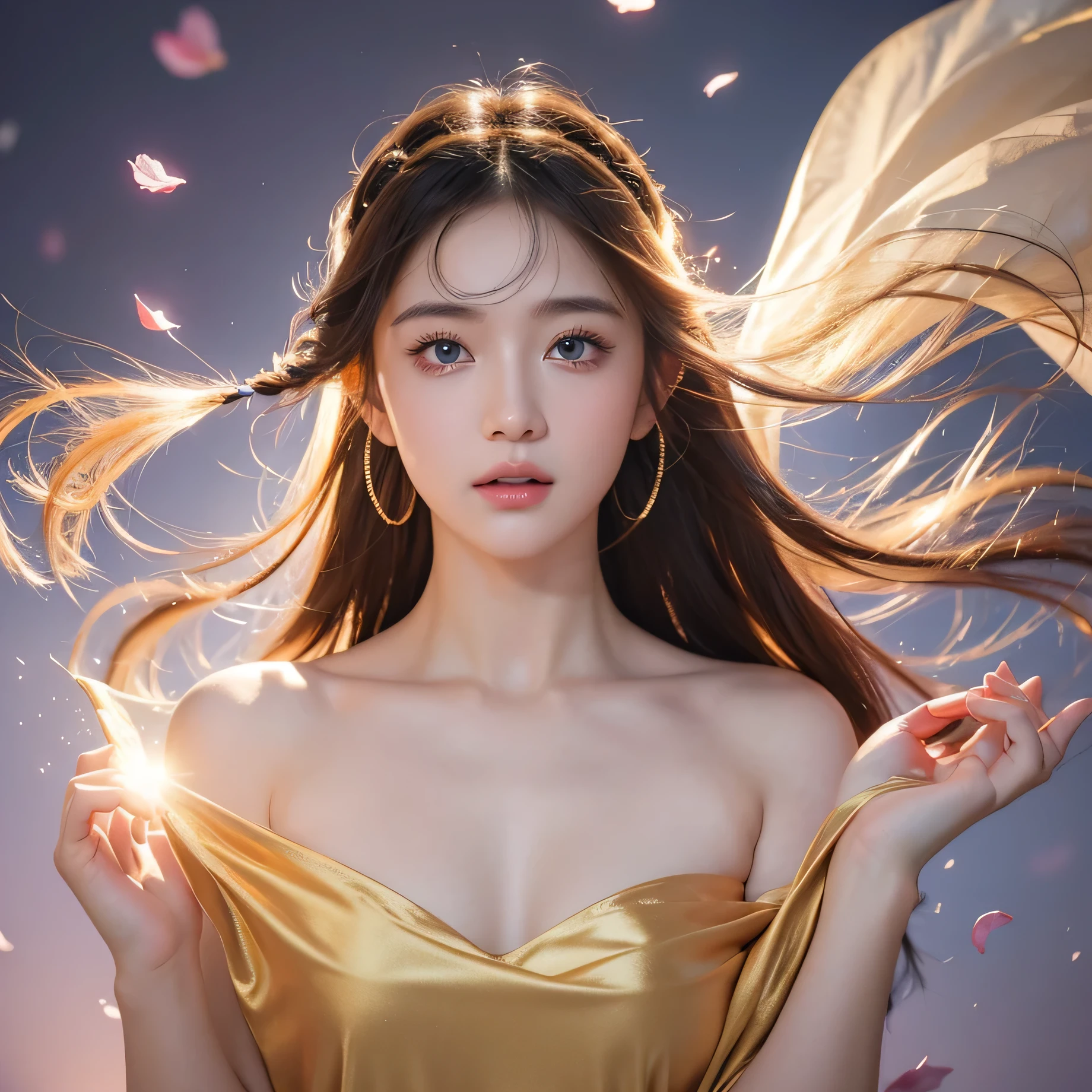 finest image, (8k, RAW photo, realistic), detailed and delicate depiction and flashy and dynamic painting method, beautiful cute woman, sparkling blue big eyes, long eyelashes, double eyelids, light brown flowing layered braided bangs hair, amorous expression, ???? expression, ????????????, abs, slender, perfect proportion, red alluring moist big thick lips, large loose fluffy girly camisole dress, blurry background fantasy, falling petals, iridescent golden particles