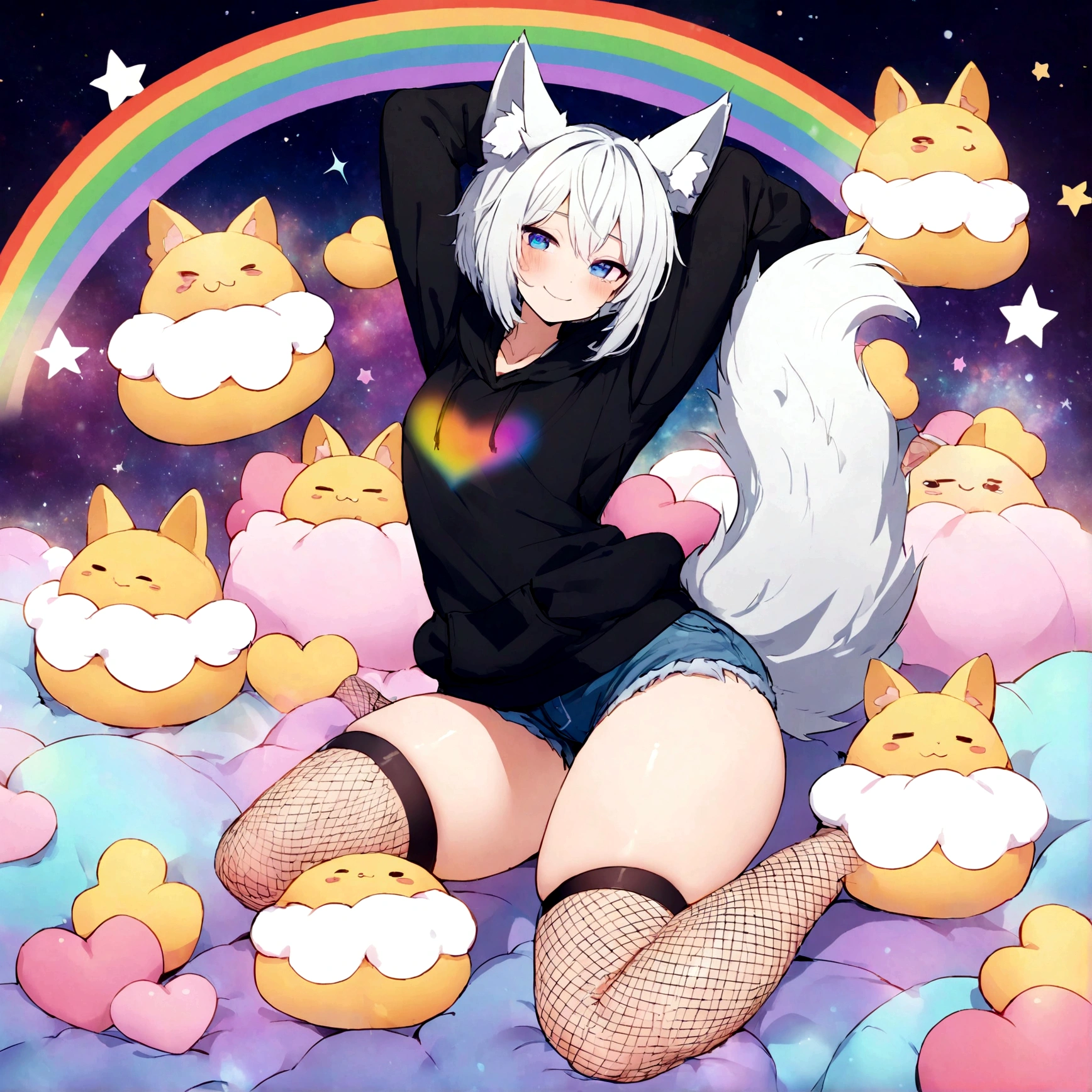 a cute adult male with wolf ears, white hair, has a wolf tail, wearing a loose cropped oversized black hoodie, wearing a pair of denim short shorts and thigh high fishnet stockings, thick thighs, wide hips, relaxing on mound of fluffy multi colored kawaii plushies, short, very slim, showing slender tummy, stretching out, heart on hoodie, squishy thighs, has glowing blue eyes. alone, solo (ALONE)(SOLO), surrounded by rainbows, colorful galaxy backround, wipe opened mouth smile