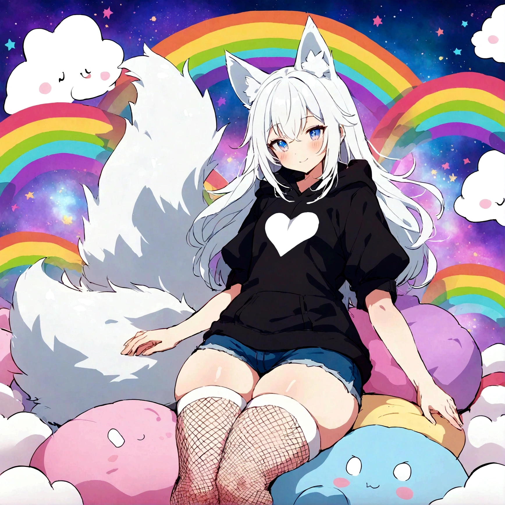 a cute adult male with wolf ears, white hair, has a wolf tail, wearing a loose cropped oversized black hoodie, wearing a pair of denim short shorts and thigh high fishnet stockings, thick thighs, wide hips, relaxing on mound of fluffy multi colored kawaii plushies, short, very slim, showing slender tummy, stretching out, heart on hoodie, squishy thighs, has glowing blue eyes. alone, solo (ALONE)(SOLO), surrounded by rainbows, colorful galaxy backround, wipe opened mouth smile
