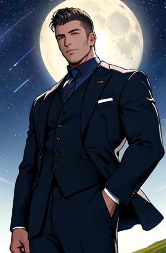 Draw a full-fledged footballer,Standing on the steppe at night,Quiet and comfortable background,He wears the same suit as the country's president,The suit fits perfectly,rays of sunshine,cheerful big breasts,Handsome,eyes with brightness,The man looks confident and determined,looking-down,Crew cut,full bodyesbian,Stars dot the sky,shooting from below,Big moon highlights background
