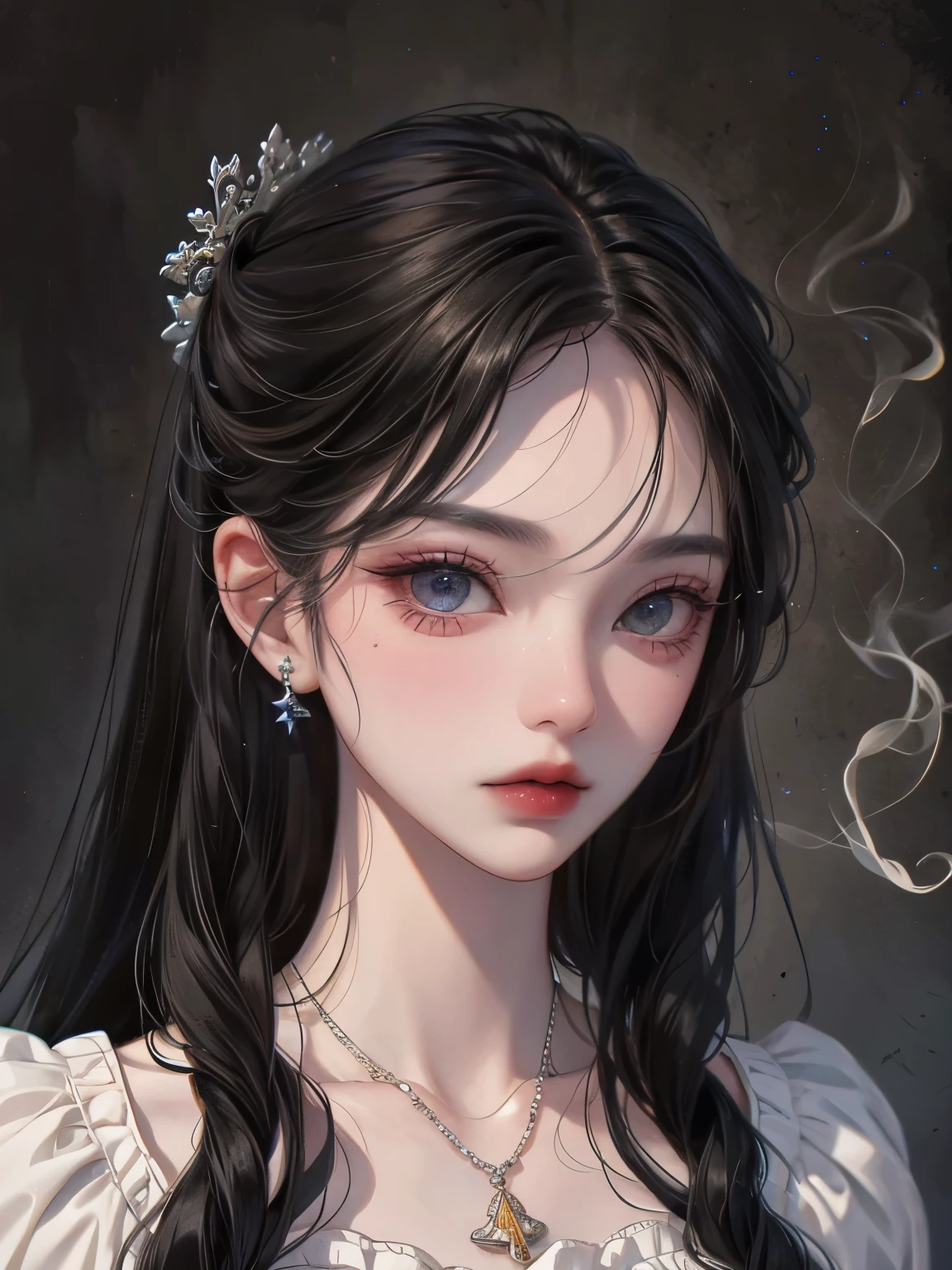 moody smoking girl, (1girl, beautiful detailed eyes, beautiful detailed lips, extremely detailed eyes and face, long eyelashes), (detailed wavy hair) close up portrait, blue-gray color tones, dramatic lighting, mysterious expression, dark room, moody atmosphere, cinematic, (best quality, 8k, high resolution, masterpiece:1.2)