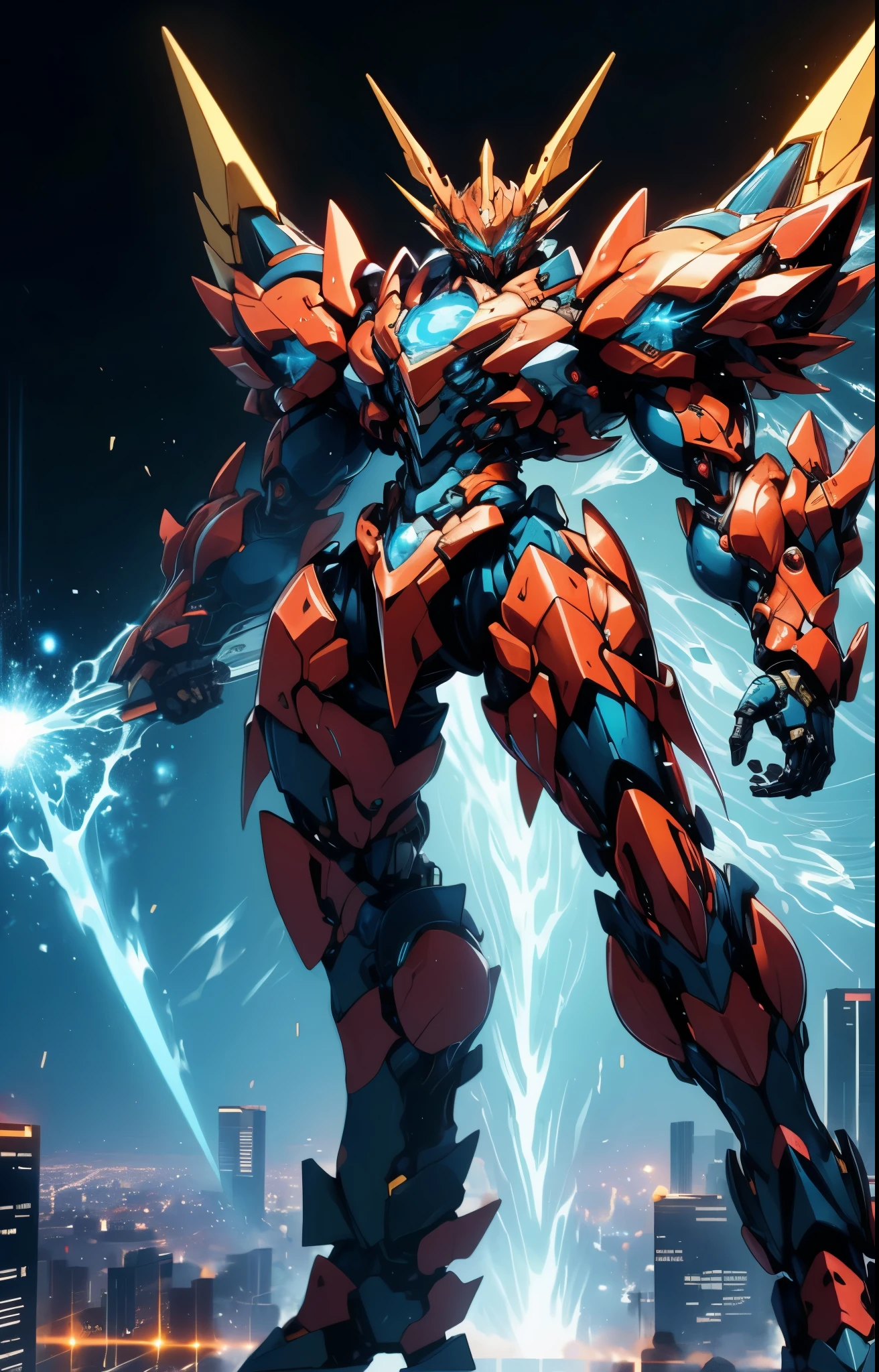 Humanoid Mecha, fully enclosed shoulder guards, matching arm and leg guards, full body, full armor, the design balances heavy with agility, (the color scheme is primarily white with red and blue accents, the concept Inspired by super robot, organic biotech armor, pose, standing, floating high above the futuristic sci-fi city), exquisite and mature art style, (aura effect, energy, glowing eyes, the armor glows), ((FRS)), metallic, dynamic, dramatic, high definition, best quality, highres, ultra-detailed, ultra-fine painting, extremely delicate, professional, perfect body proportions, anatomically correct, symmetrical face, extremely detailed eyes and face, high quality eyes, creativity, RAW photo, UHD, 32k, Natural light, cinematic lighting, masterpiece-anatomy-perfect, masterpiece:1.5