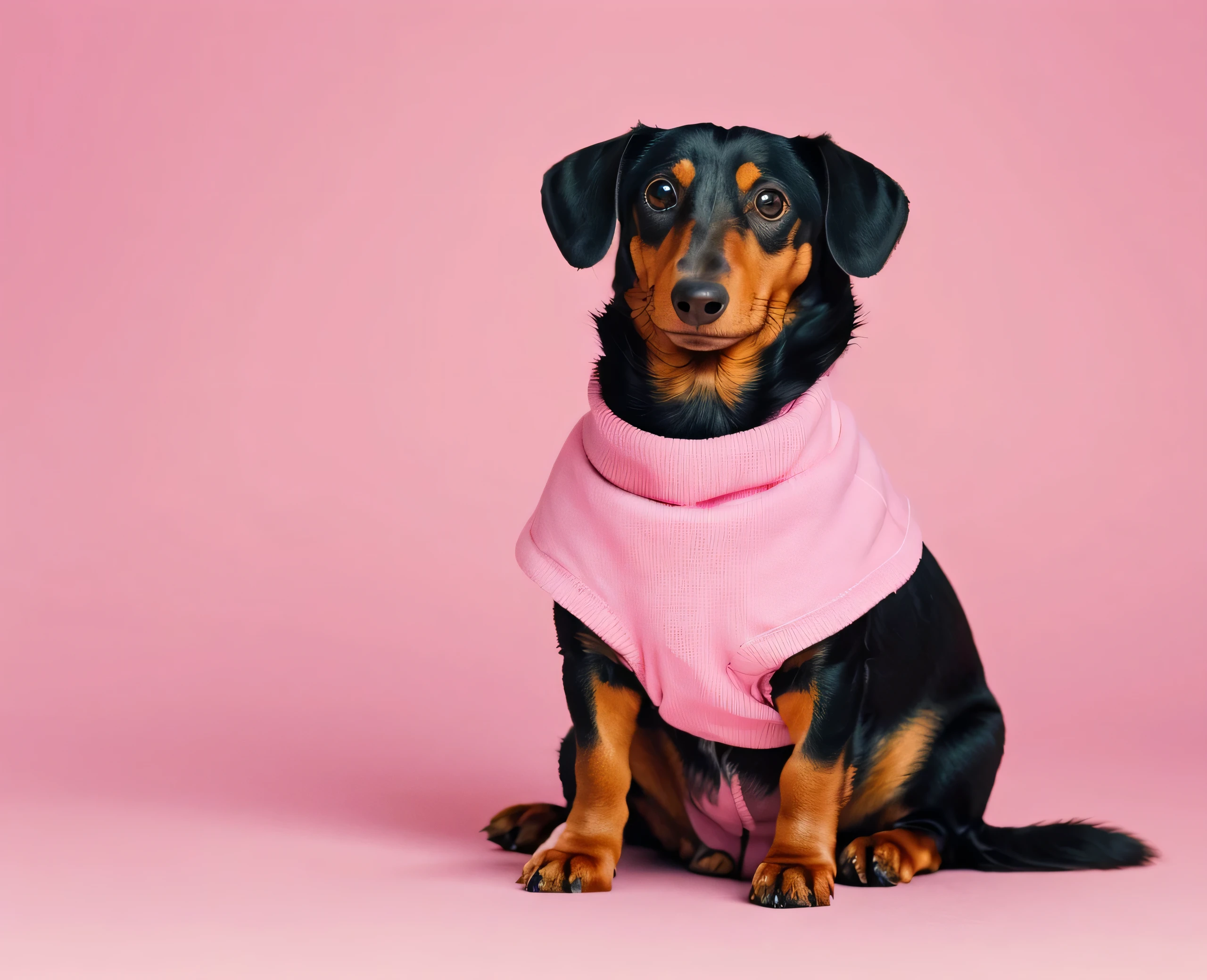 Dachshund sitting on a solid pastel pink background with space above for text