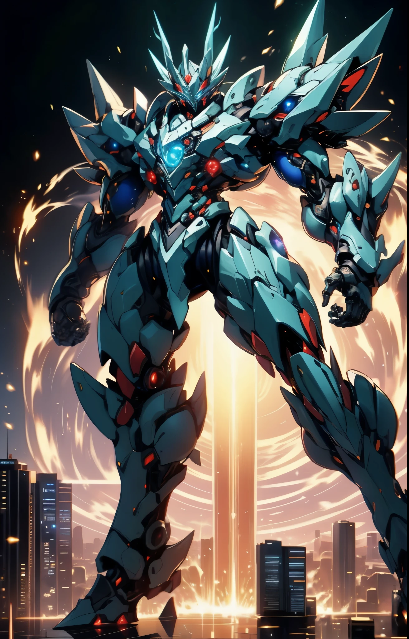 Humanoid Mecha, fully enclosed shoulder guards, matching arm and leg guards, full body, full armor, the design balances heavy with agility, (the color scheme is primarily white with red and blue accents, the concept Inspired by super robot, organic biotech armor, pose, standing, floating high above the futuristic sci-fi city), exquisite and mature art style, (aura effect, energy, glowing eyes, the armor glows), ((FRS)), metallic, dynamic, dramatic, high definition, best quality, highres, ultra-detailed, ultra-fine painting, extremely delicate, professional, perfect body proportions, anatomically correct, symmetrical face, extremely detailed eyes and face, high quality eyes, creativity, RAW photo, UHD, 32k, Natural light, cinematic lighting, masterpiece-anatomy-perfect, masterpiece:1.5