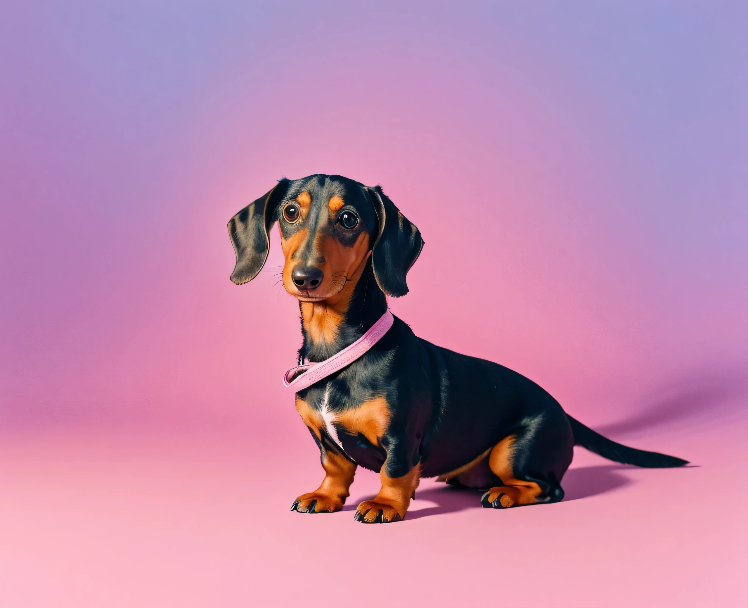 Dachshund sitting on a solid pastel pink background with space above for text