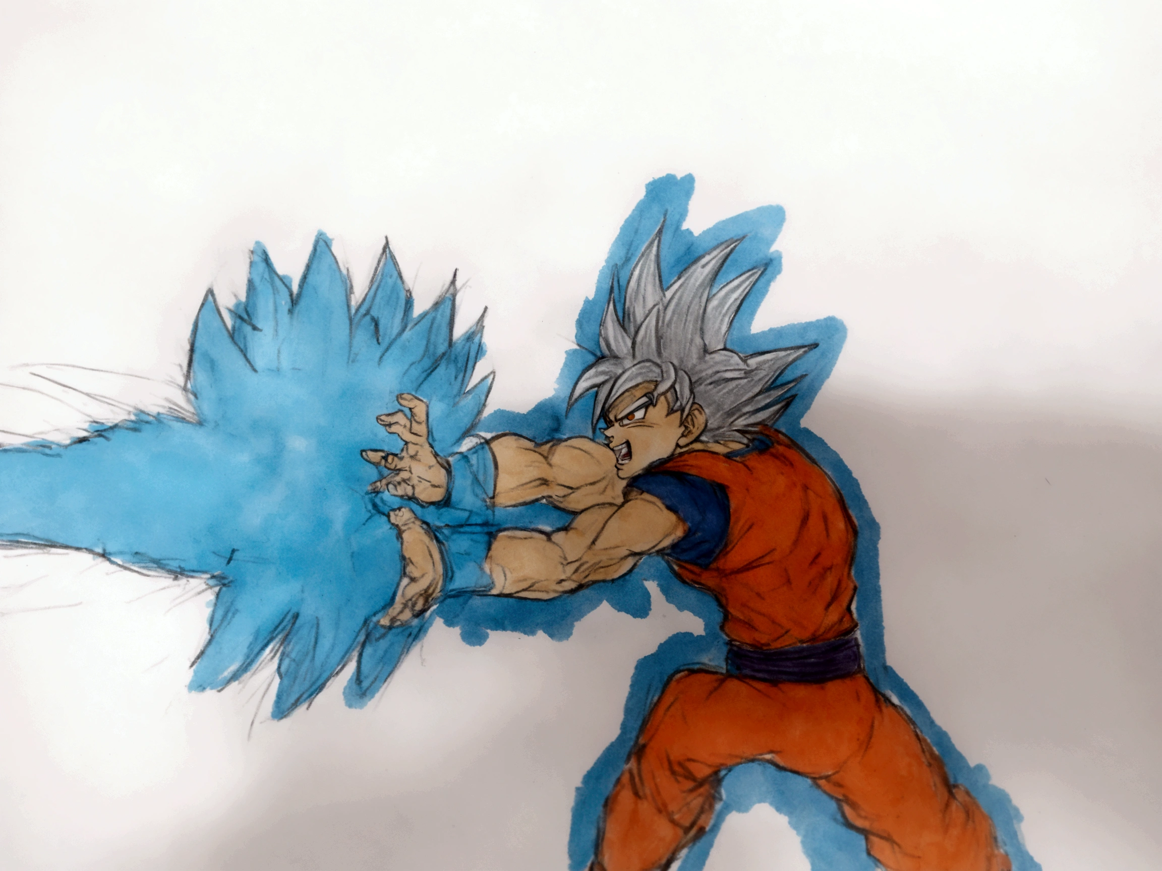 drawing of a goku with a blue and orange outfit is punching a blue object, ultra instinct, coloured in blueberra and orange, inspired by Toriyama Sekien, fight pose, in a fighting pose, fighting pose, goku from dragon ball, high quality colored sketch, akira toriyama style, human goku, goku fighting jesus, high quality fanart