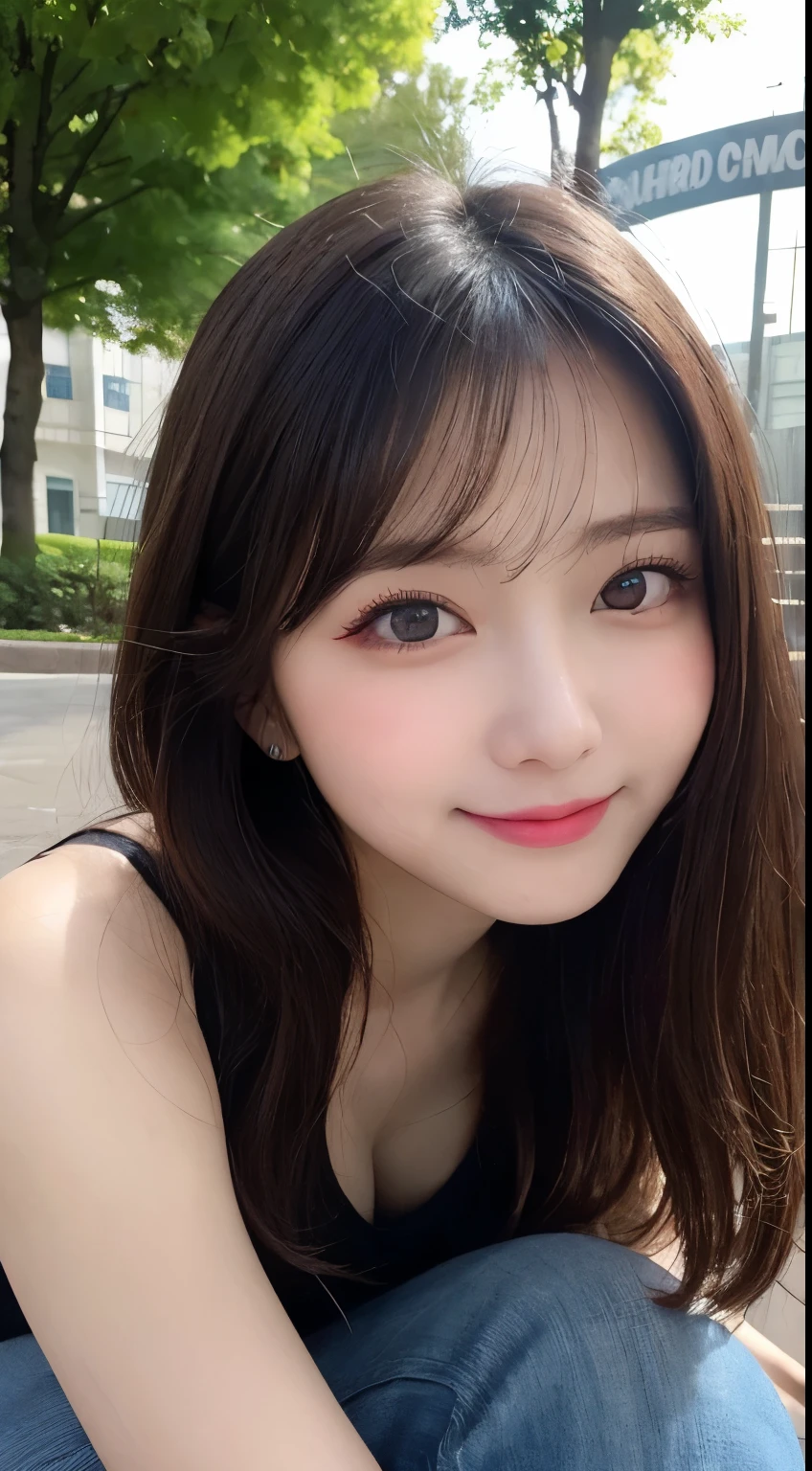 Tabletop, highest quality, shape, Very detailed, finely, High resolution, 8k wallpaper, 完璧なダイナミックな構shape, Beautiful and exquisite,ランダムなcute髪,,Natural color lip、20-year-old girl、cute、Looking into the camera,Always blur the background,Perfect and beautiful face,Slim face and figure,Big eyes、Putting on gal makeup,Small face,Shooting from below、Blurred Background,Elegant feminine face、Cyberpunk Fashion、smile、Change pose randomly、Randomly change the shooting angle and position、Playing in the park