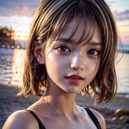 Tiny girl wearing red tube-top dress, Stroll along evening Beach, (Acutance:0.85), Masterpiece of 8K Ultra-detailed, (VolumetricLighting), SmoothShading, (RAW photorealistic:1.37), (Close-up:1.4), (Gazing at the sunseting colorful sky) (Dazzling bokeh:1.28), { (Golden ray illuminating face) | (Vivid Photon Particles) | (Gust of wind) } . (((Extremely detailed a face variation of NOGIZAKA girls))), perfect anatomy, Childish, captivating gaze, elaborate detailed Eyes with (sparkling highlights:1.28), long eyelashes、Glossy RED Lips with beautiful details, Coquettish tongue, Rosy cheeks, (Detailed Flawless Skin, Radiant PearlSkin with clear transparency) , SilkyHair Random HairColor. { (Dynamic joyful expressions) | (:d) }, (no Large eyes, no tree).