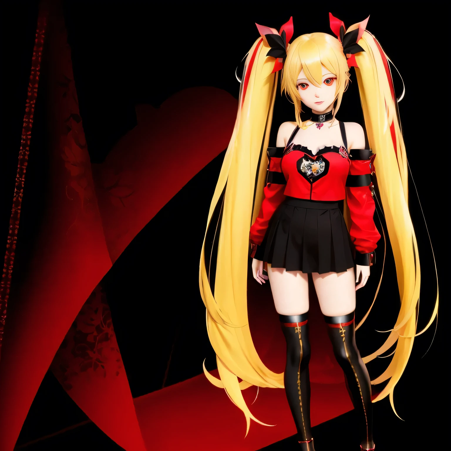 anime girl with long blonde hair and red and black outfit, demon anime girl, vocaloid, blonde anime girl with long hair, anime monster girl, misa amane *, render of a cute 3d anime girl, anime girl named lucy, 3d anime girl, gothic maiden anime girl, kagamine rin, misa amane