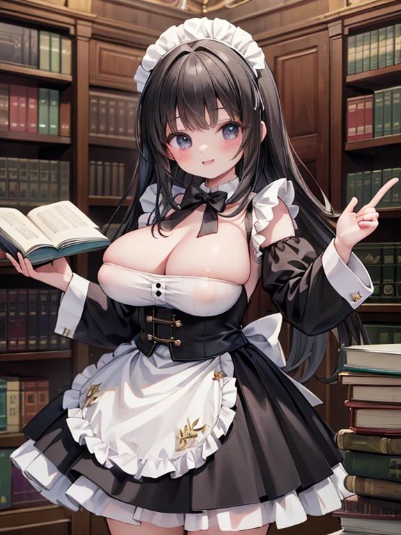 masterpiece, highest quality, Very detailed, 16k, Ultra-high resolution, Cowboy Shot, Detailed face, Perfect Fingers, , smile, Super big boobs, black eye, Black Hair, Long Hair, Black maid outfit, library, Lots of books around, Stand in the center
