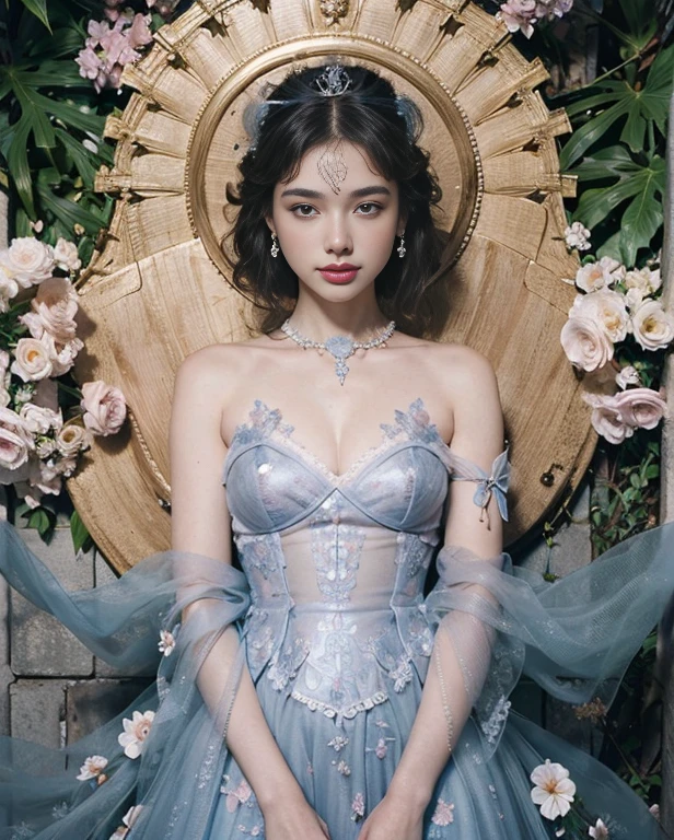 a beautiful princess in a lush garden, vibrant blue sky, detailed face and eyes, volumetric lighting, intricate details, photorealistic, high class fashion, masterpiece, professional digital art, cinematic color palette, using a palette of light pink, muted blue, dark grayish blue, bright blue, very dark gray, and light grayish blue