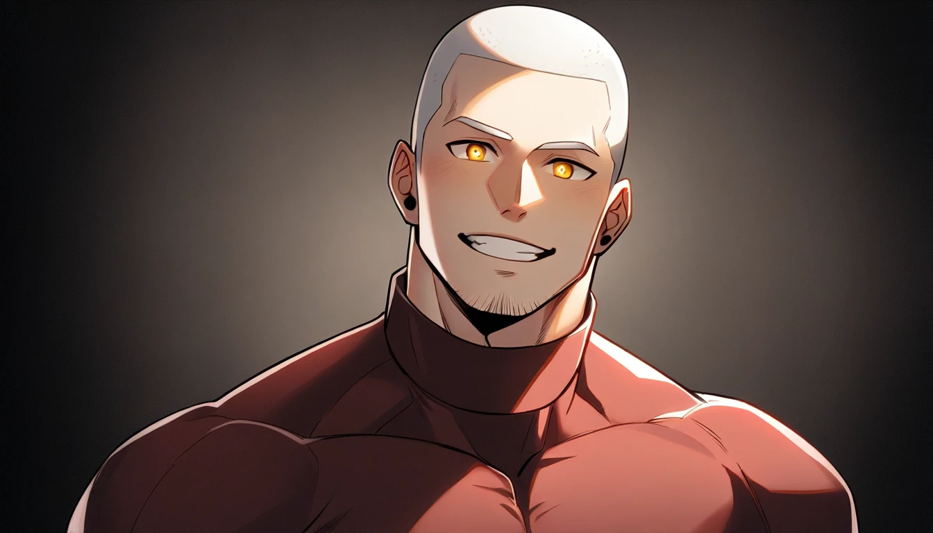 1 young muscular man, male focus, High collar Dark Red spandex tight T-shirt, white hair, Buzz Cut, muscular male, muscular, only, Upper body, alone, White short hair, stubble, Yellow eyes, Black background, simple background, amazing quality, best aesthetics, Ridiculous, bright pupils, crew cut, smile naively, blush, best quality