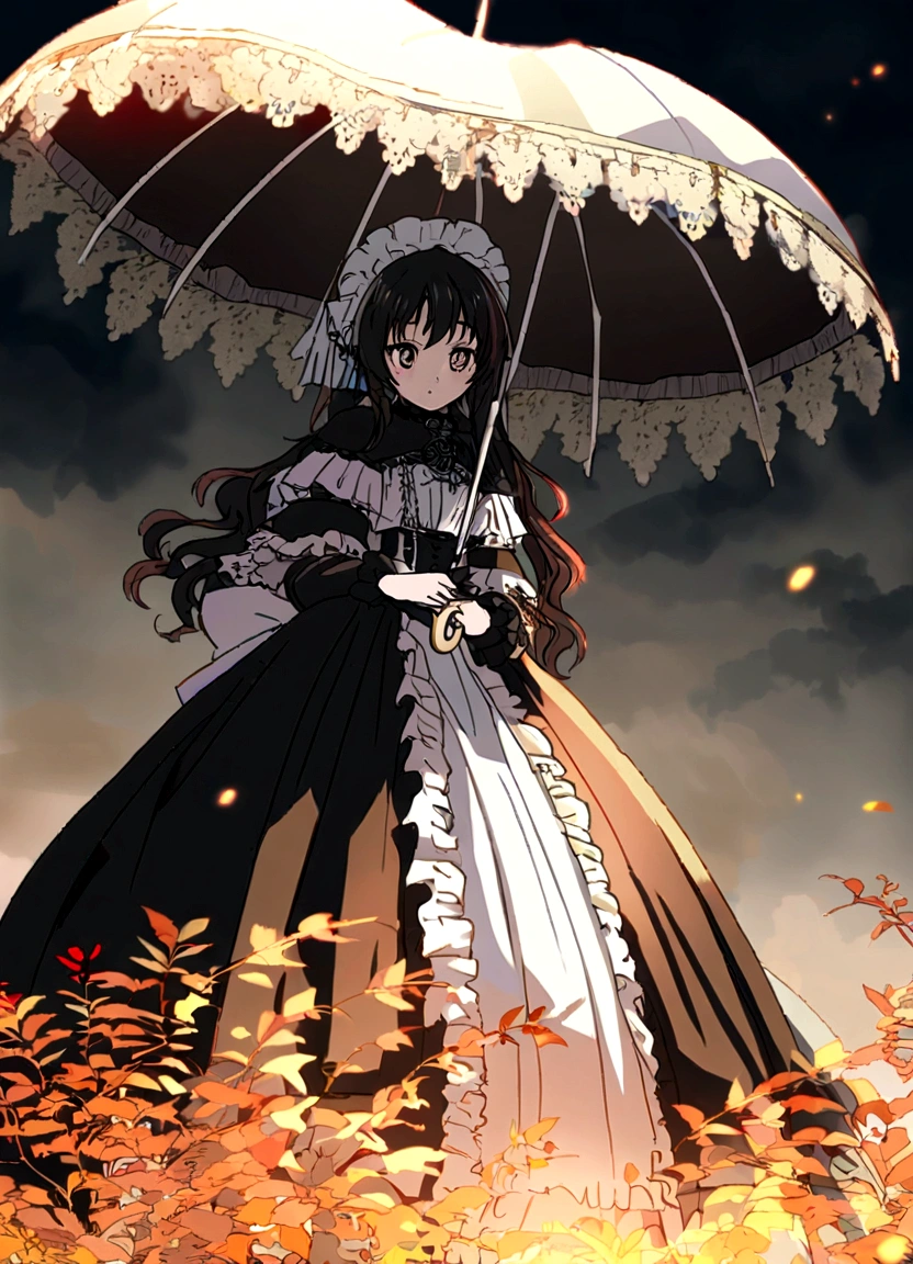 (Super meticulous),(full bodyesbian:1.2), 1girl, araffe dressed in a victorian dress and hat holding an umbrella, dressed with long fluent clothes, victorian gothic lolita fashion, lolita style, lovely dark autumn princess, victorian style costume, japanese clothes, victorian inspired clothing, anime girl wearing a black dress, victorian dress, anime girl cosplay, style anime, black gothic lolita dress, gothic maiden anime girl, romantic dress, ,(Beautiful and delicate eyes)