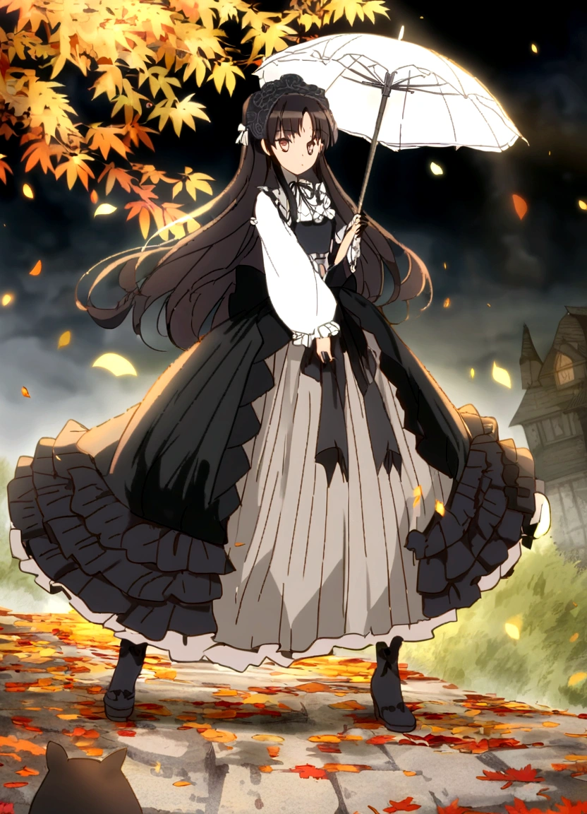 (Super meticulous),(full bodyesbian:1.2), 1girl, araffe dressed in a victorian dress and hat holding an umbrella, dressed with long fluent clothes, victorian gothic lolita fashion, lolita style, lovely dark autumn princess, victorian style costume, japanese clothes, victorian inspired clothing, anime girl wearing a black dress, victorian dress, anime girl cosplay, style anime, black gothic lolita dress, gothic maiden anime girl, romantic dress, ,(Beautiful and delicate eyes)