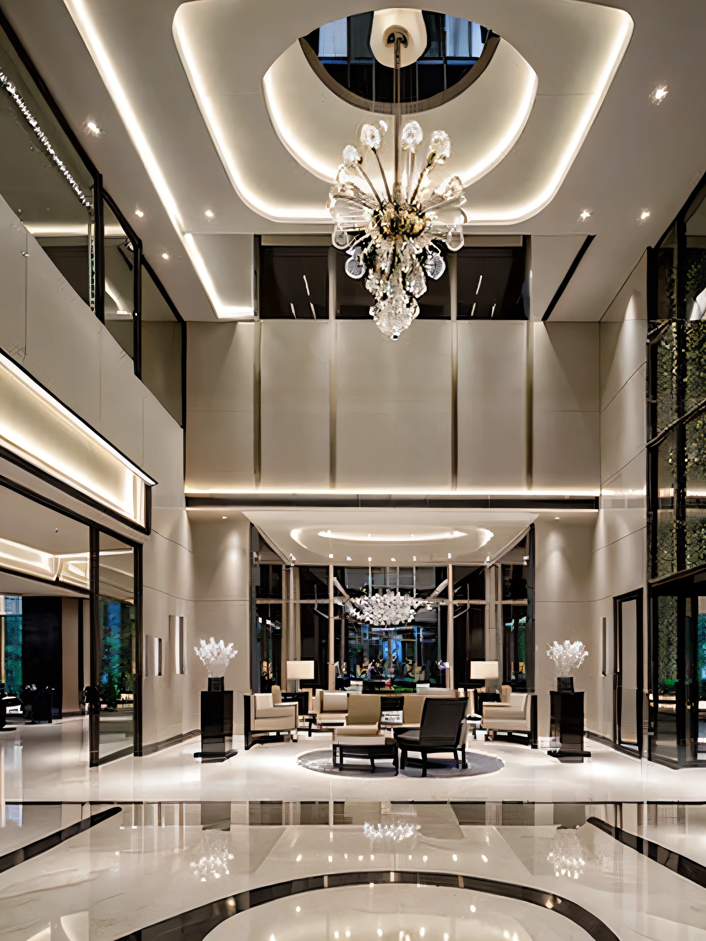 The open-floor reception lobby, the exterior is a glass wall system, (designed in a luxurious modern style with soft curves), the highlight is the floor-to-ceiling chandelier system, and the image quality is sophisticated.
