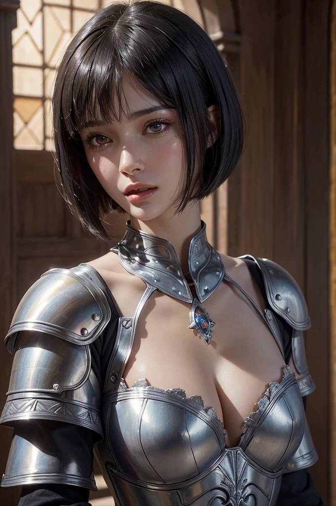 Medieval France, A world of swords and magic,  Fantasy, Medieval Knight,thin, Shiny and beautiful armor, Detailed Armor, Adobe Photoshop, Realistic digital painting, Historical portraits, High resolution, Warm Light, Iconic art, Brave, An exciting atmosphere, 18 year old female knight, Black Hair, (Bobcut:1.4), ((Beautifully detailed face)), beautifully detailed skin, Intricate details, Very detailed,Detailed lips,Open your mouth,Realistic Face,blush,Embarrassing,Realistic Skin,(Vibrant Skin,Moisturized Skin:1.2),Vivid lips,Lip gloss