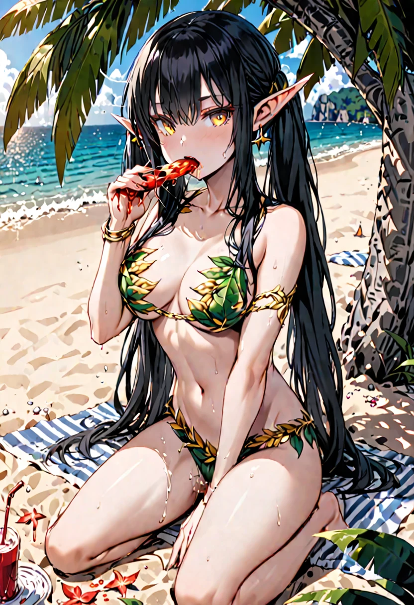 Solo, female, futanari, long hair, twin tails, black hair, golden eyes, large breasts, eating, erection, pointed ears, elf, beach, leaf bikini, spilling out of underwear