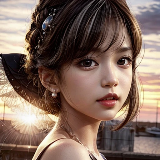 (((NOGIZAKA))) girl in RED Tube-Top dress Stroll along evening Harbor, (Acutance:0.85), ZoomLayer, Masterpiece of 8K Ultra-detailed, (VolumetricLighting), (RAW Photo-realistic:1.37), (Close-up:1.38), (Sunseting colorful sky), (Dazzling bokeh:1.32), { (Golden ray illuminating face) | (Photon Particles:0.95) | (Fluttering Hair in wind:1.4) } . BREAK (((Extremely detailed KAWAII face))), perfect , Childish, CaptivatingGaze, Elaborate detailed Eyes with (Sparkling Highlights:1.28), (Voluminous Long Eyelashes:0.88)、Glossy RED Lips with beautiful details, Coquettish Tongue, Rosy Cheeks, (Detailed Flawless Skin with glowing DowneyHair, Radiant PearlSkin with Transparency) , Shiny SilkyHair, Random Solid HairColor. { (joyful expressions) | (:d) }, (Large eyes:-1, Tree:-1).