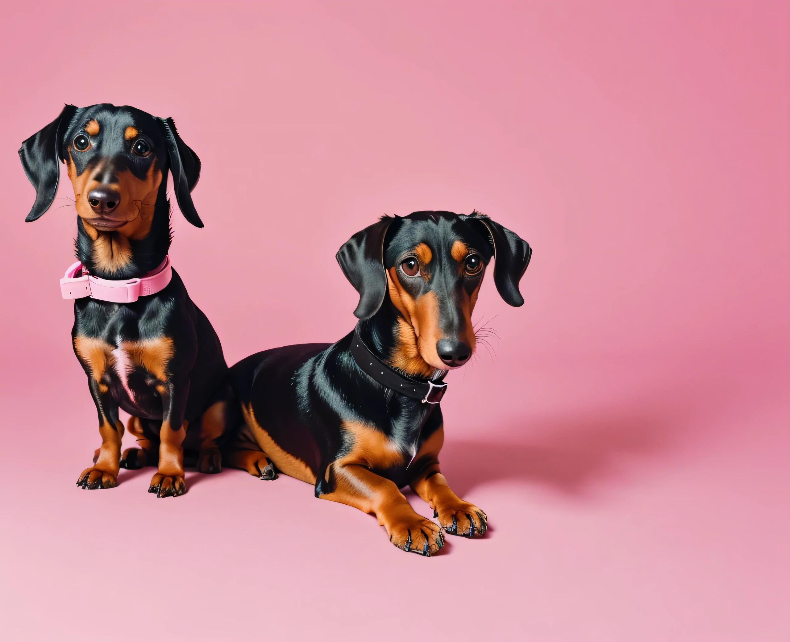 Dachshund sitting on a solid pastel pink background with space above for text