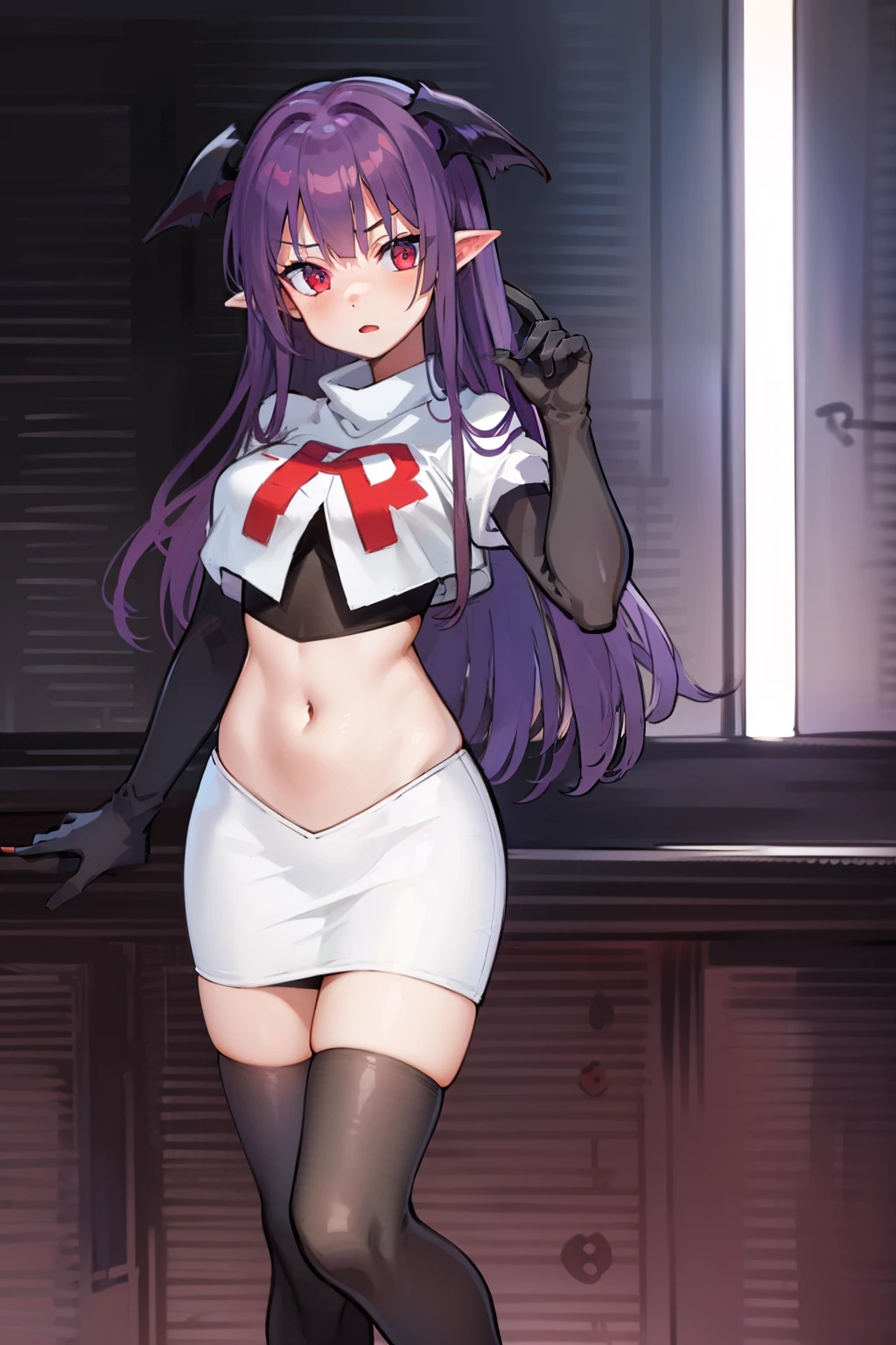 masterpiece, hd, 1girl, mythia, purple long hair, bat ears, red eye, team rocket,team rocket uniform,white skirt,red letter R,crop top,black thigh-highs,black elbow gloves