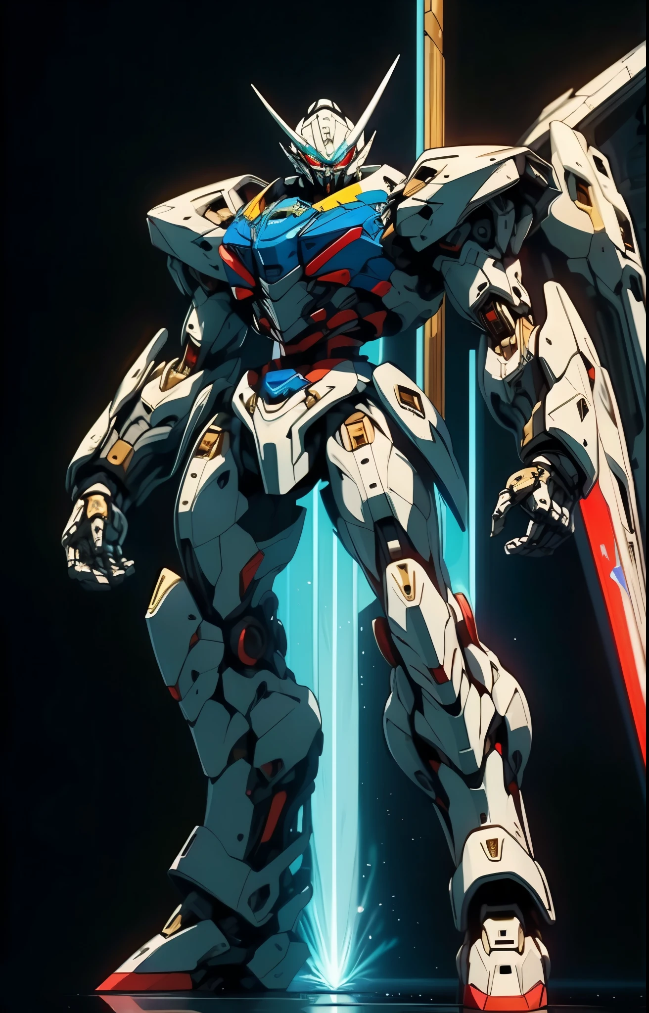 Humanoid Mecha, fully enclosed shoulder guards, matching arm and leg guards, full body, full armor, the design balances heavy with agility, (the color scheme is primarily white with red and blue accents, the concept Inspired by super robot, organic biotech armor, pose, standing, floating high above the futuristic sci-fi city), exquisite and mature art style, (aura effect, energy, glowing eyes, the armor glows), ((FRS)), metallic, dynamic, dramatic, high definition, best quality, highres, ultra-detailed, ultra-fine painting, extremely delicate, professional, perfect body proportions, anatomically correct, symmetrical face, extremely detailed eyes and face, high quality eyes, creativity, RAW photo, UHD, 32k, Natural light, cinematic lighting, masterpiece-anatomy-perfect, masterpiece:1.5