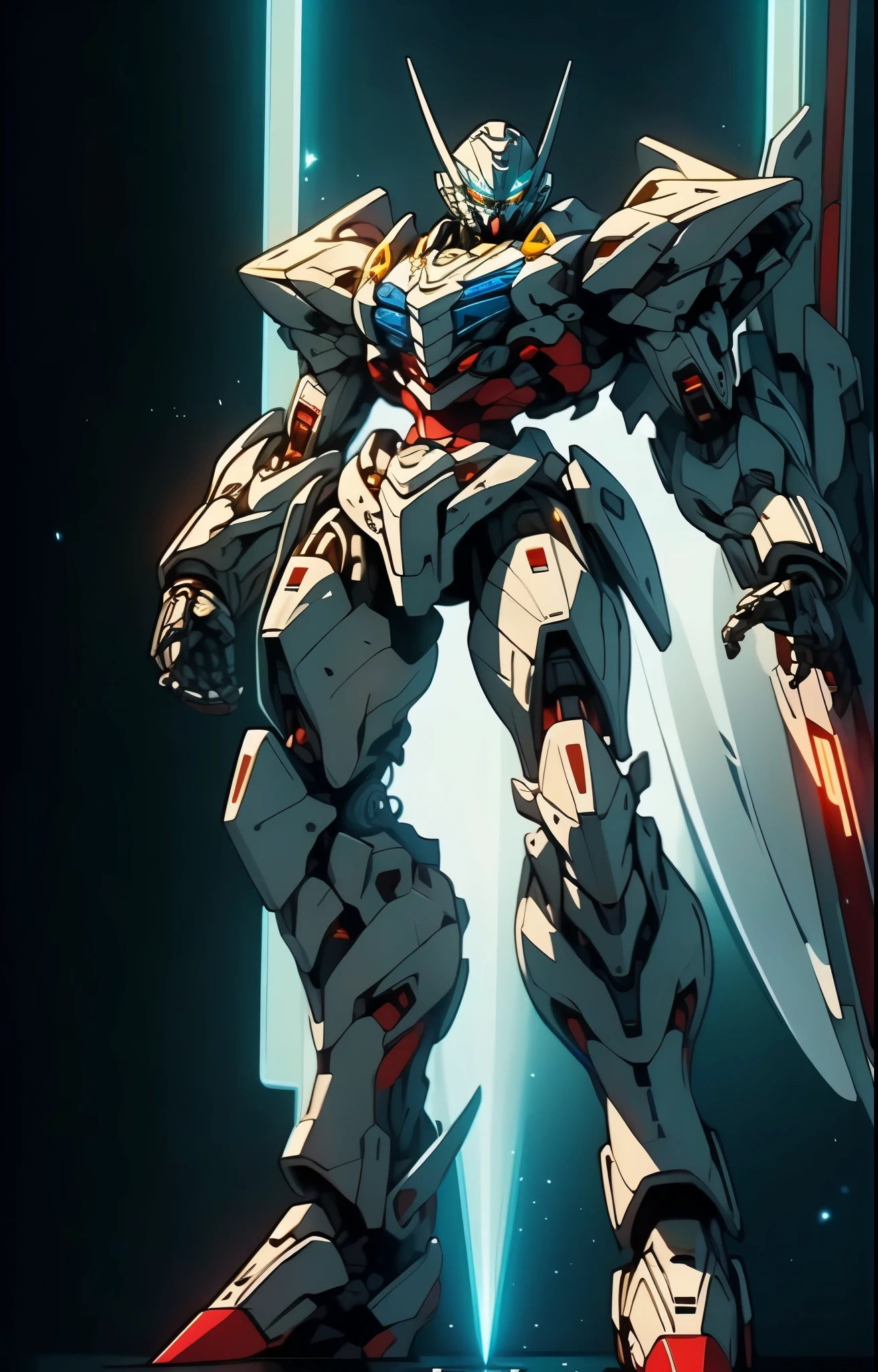 Humanoid Mecha, fully enclosed shoulder guards, matching arm and leg guards, full body, full armor, the design balances heavy with agility, (the color scheme is primarily white with red and blue accents, the concept Inspired by super robot, organic biotech armor, pose, standing, floating high above the futuristic sci-fi city), exquisite and mature art style, (aura effect, energy, glowing eyes, the armor glows), ((FRS)), metallic, dynamic, dramatic, high definition, best quality, highres, ultra-detailed, ultra-fine painting, extremely delicate, professional, perfect body proportions, anatomically correct, symmetrical face, extremely detailed eyes and face, high quality eyes, creativity, RAW photo, UHD, 32k, Natural light, cinematic lighting, masterpiece-anatomy-perfect, masterpiece:1.5