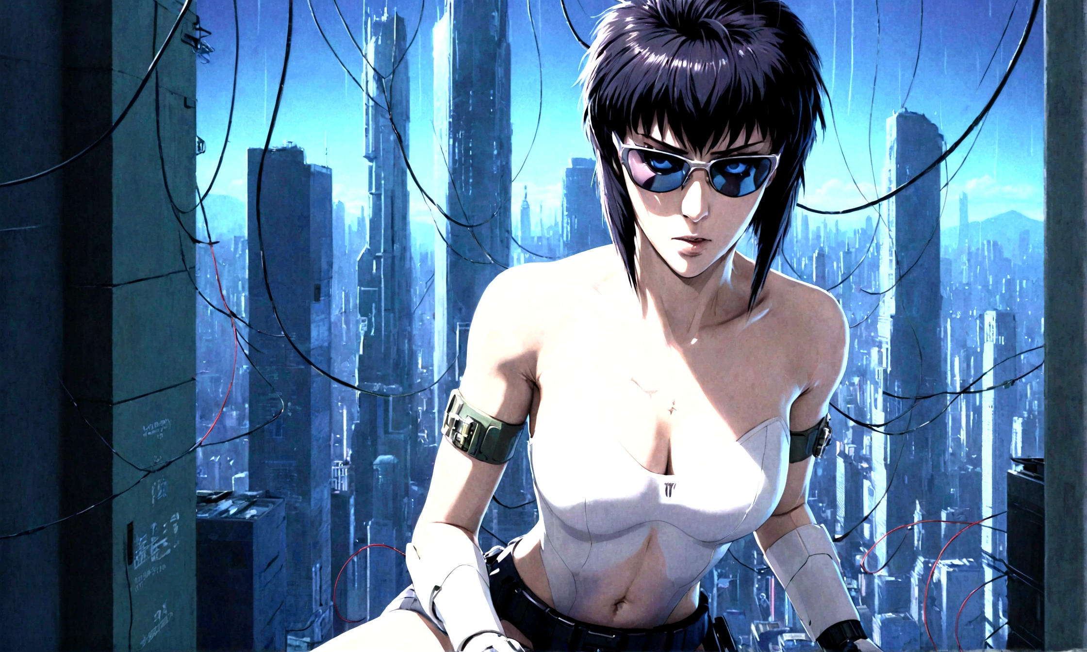 Cyberpunk City、Kusanagi Motoko wearing sunglasses and holding a gun、ghost in the Shell、Very detailed、Photorealistic、Award-winning、Intricate details、Epic Scale、Cinematic lighting、Dynamic configuration、Stunning 8K Resolution、Hyper Real、Sharp focus、masterpiece、Concept Art、Striking colors、Neon Light、Futuristic Architecture、Advanced Technology、Moody atmosphere、SF Elements、Beautiful character design、Powerful and dynamic pose、ohwx、Kusanagi Motoko