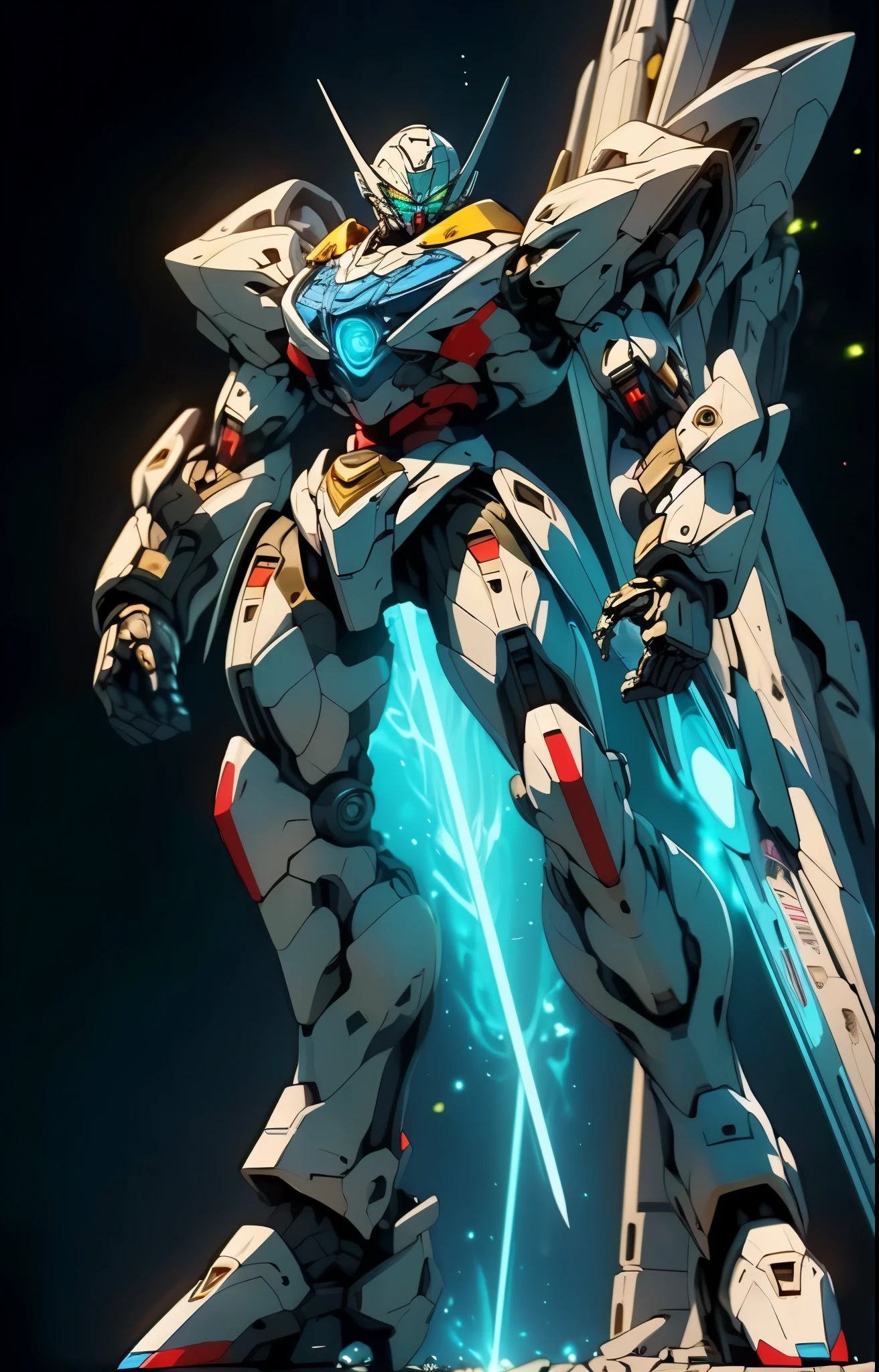 Humanoid Mecha, fully enclosed shoulder guards, matching arm and leg guards, full body, full armor, the design balances heavy with agility, (the color scheme is primarily white with red and blue accents, the concept Inspired by super robot, organic biotech armor, pose, standing, floating high above the futuristic sci-fi city), exquisite and mature art style, (aura effect, energy, glowing eyes, the armor glows), ((FRS)), metallic, dynamic, dramatic, high definition, best quality, highres, ultra-detailed, ultra-fine painting, extremely delicate, professional, perfect body proportions, anatomically correct, symmetrical face, extremely detailed eyes and face, high quality eyes, creativity, RAW photo, UHD, 32k, Natural light, cinematic lighting, masterpiece-anatomy-perfect, masterpiece:1.5