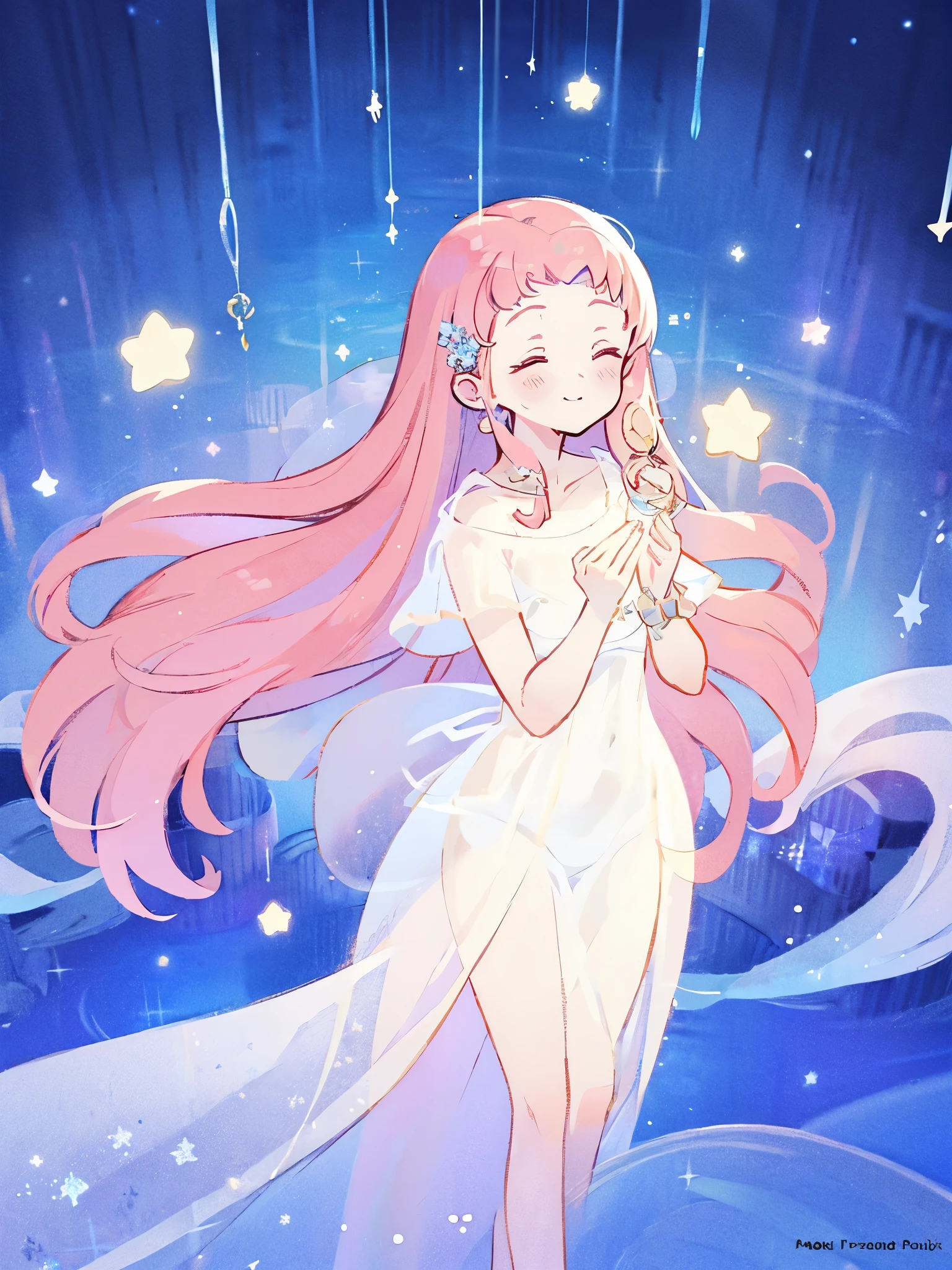 complex background, wishing star background, a woman wearing an ethereal mystical pink translucent dress that reflects the stars, perfume promo art, mystic, complex drawing, highly detailed, Covergirl brand, promo art, artistic rendition, ethereal, starry night, midjourney style