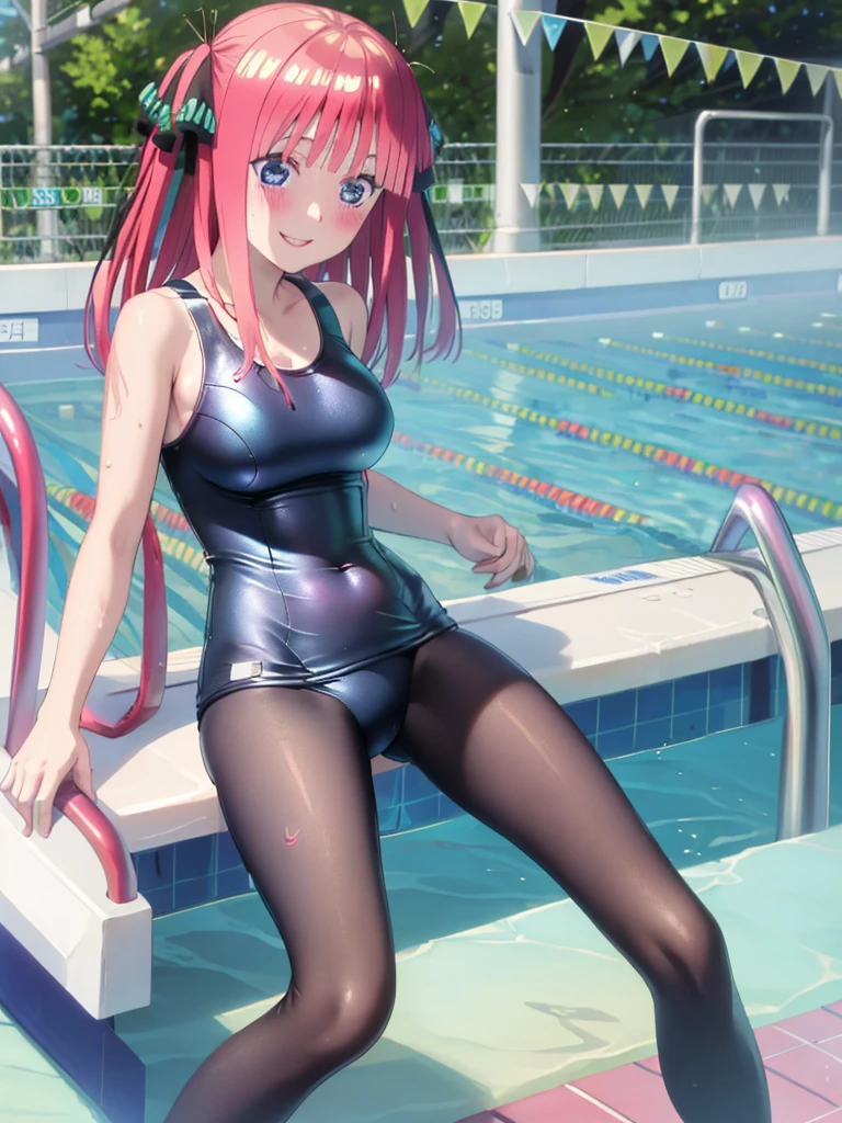 masterpiece, best quality, insanely detailed, beautiful, nino nakano, one-piece swimsuit, , pantyholush, smile, (outdoor swimming pool:1.3), legs spread