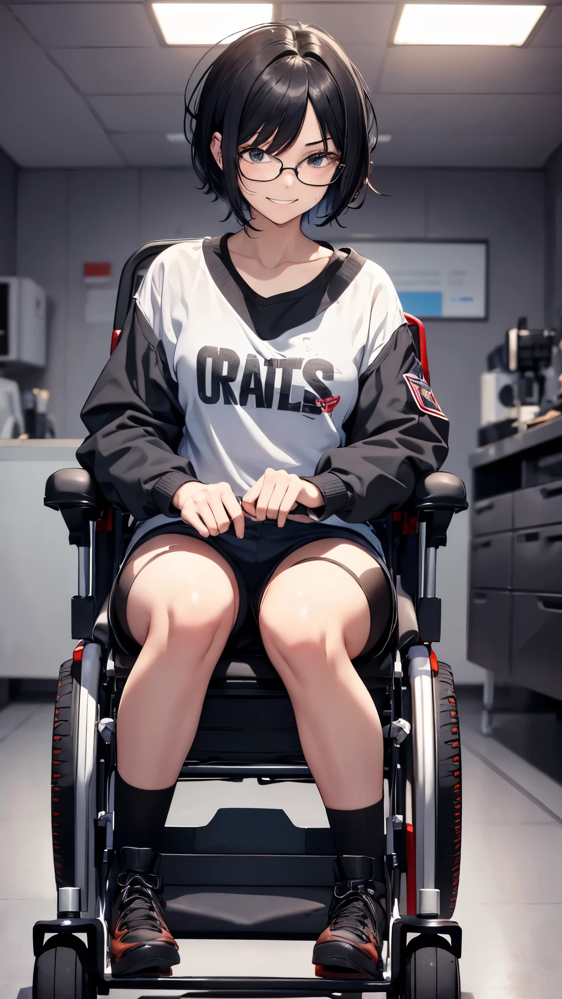 (Very detailed, Realistic), Hospital scene, [Moderate:Oil], [Professional:1.1], [Physically Based Rendering], [Bright colors], [Sharp focus], [Studio Lighting], [Extreme Detail], [highest quality,4K,8k,High resolution,masterpiece:1.2],(whole body),Inside the house,Inside the room,18-year-old girl,((Ride an electric wheelchair1.8)),((Operate a power wheelchair1.8)),((knee pads,Army Boots)),((covering one eye,Ragged short black hair,messy hair)),((she’s wearing glasses)),((despressed,despair,anxiety)),(Subservient laughter),((grin)),((bad mood)),((bad mood)),[Nervous eyes],(jersey jacket),(jersey shorts),((Ride an electric wheelchair1.8)),((Operate a power wheelchair1.8))