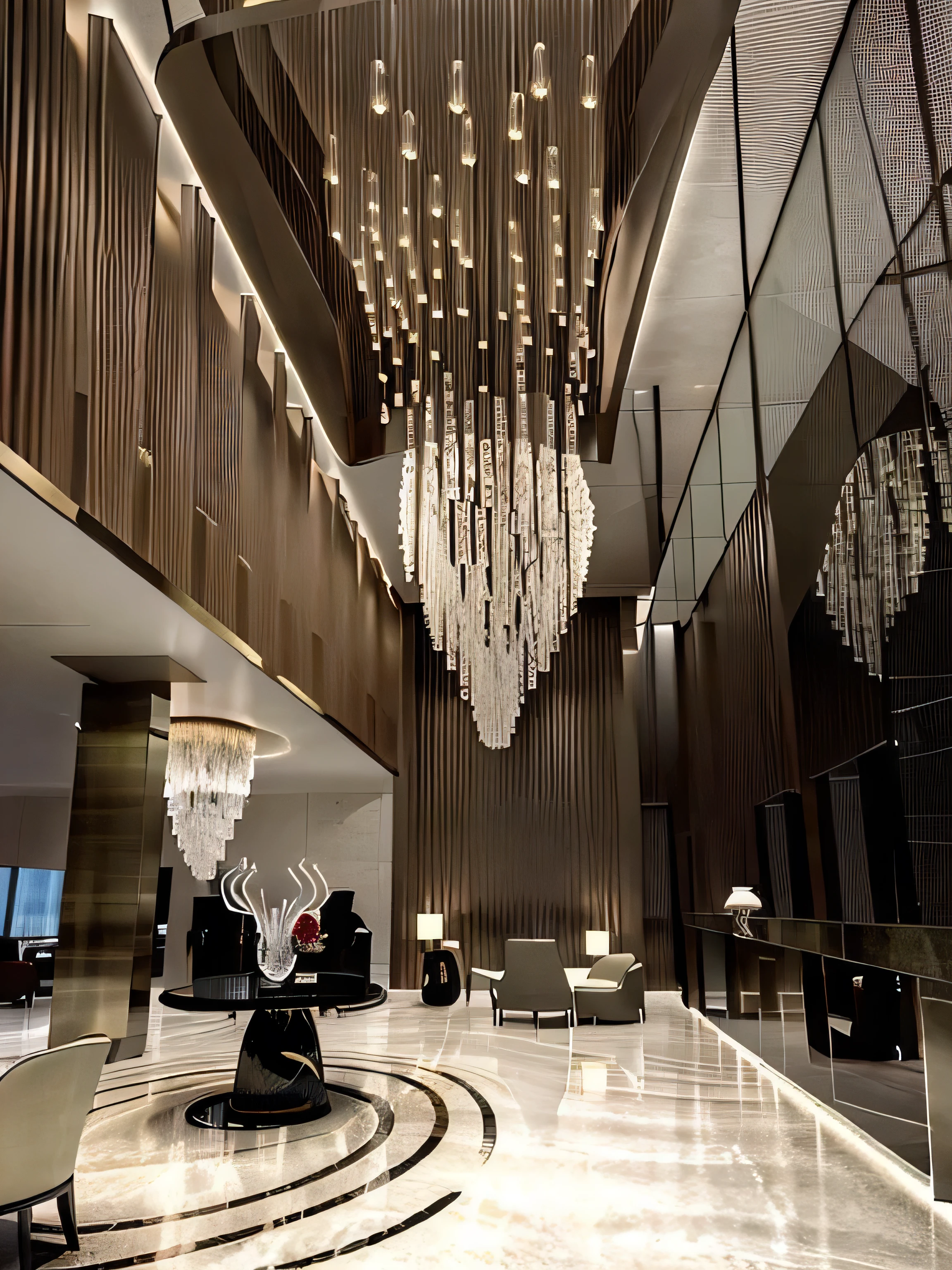 The open-floor reception lobby, the exterior is a glass wall system, designed in a luxurious modern style with soft curves, the highlight is the floor-to-ceiling chandelier system, and the image quality is sophisticated.