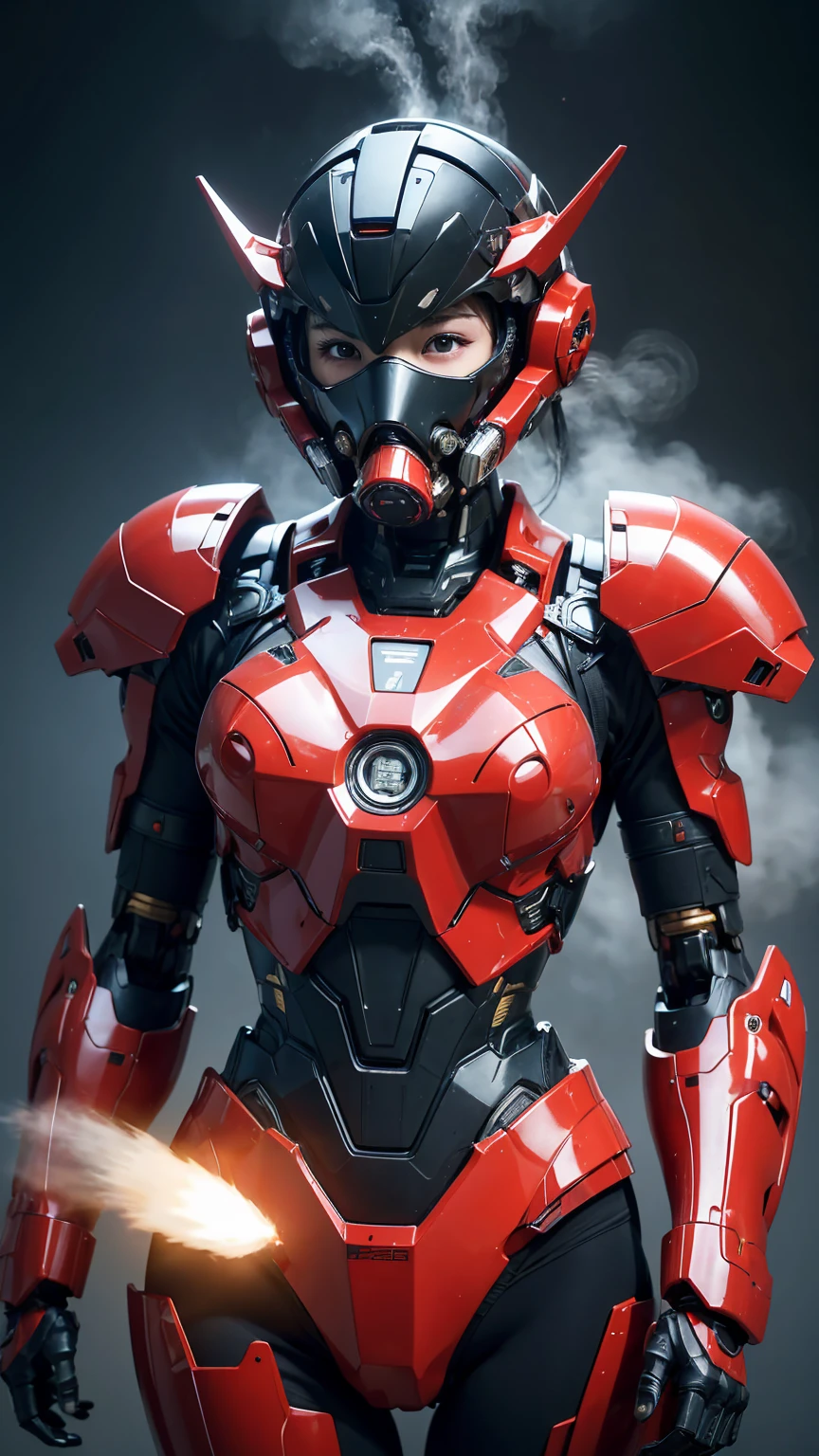 最high quality非常に詳細, Advanced Details, high quality, 最high quality, High resolution, 1080p, hard disk, beautiful,(War Machine),(headgear),See the big picture,beautifulサイボーグ女性,Shining red mecha cyborg girl,Battle Mode,Mecha Body Girl　8k bright red body armor　Elementary school girl　Sweaty face　pretty girl　short hair　Gas mask with extension nozzle　short hairボーイッシュ　Steam coming out of my head　My hair is wet with sweat　Black Hair, Steam coming out of the mouth　Drooling from the mouth　Full body portrait