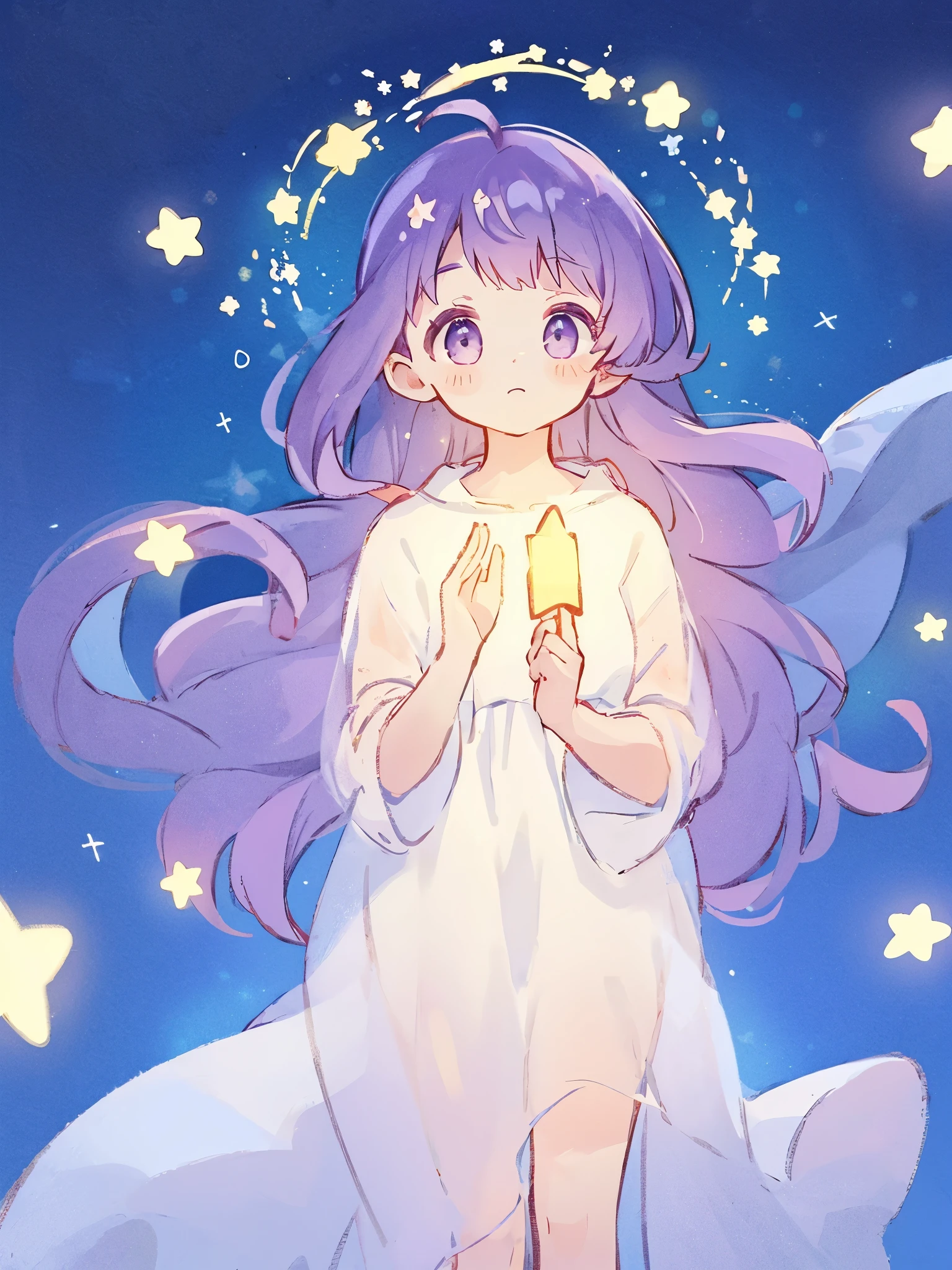 wishing star background, a woman wearing an ethereal translucent dress that reflects the stars, gradient purple hair, glowing stars, complex drawing, highly detailed, ethereal, starry night, midjourney style