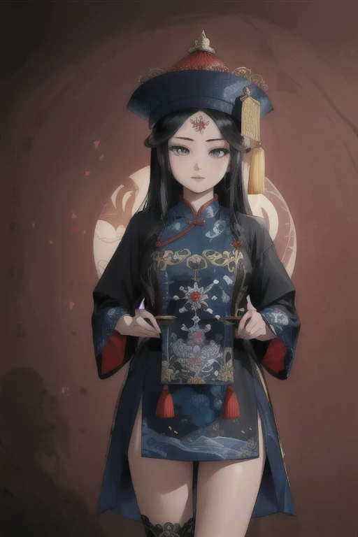 ((masterpiece)),((best quality)),8K,high detail,Extremely detailed,Intricate details,illustration,fantasy,Surrealism,((1 Girl:1.2)),Solitary,Describe the Chinese Jiang girl,((Jiang's Girls Clothing)),(The imperial paper on the head),((jiangshi pose:1.1)),Ancient bamboo forest background,(Red Moon:1.2),(slope:1.1),Detailed depiction of a girl in a zombie pose at night,(((Full breasts)))(((Cleavage)))Weird and mysterious atmosphere,Cinematic lighting with the Red Moon,Visual effects with motion blur and magic elements,Maxon Theater 4D,