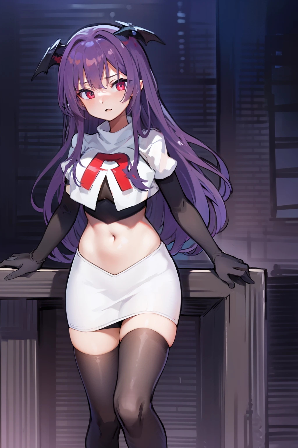 masterpiece, hd, 1girl, mythia, purple long hair, bat ears, red eye, team rocket,team rocket uniform,white skirt,red letter R,crop top,black thigh-highs,black elbow gloves