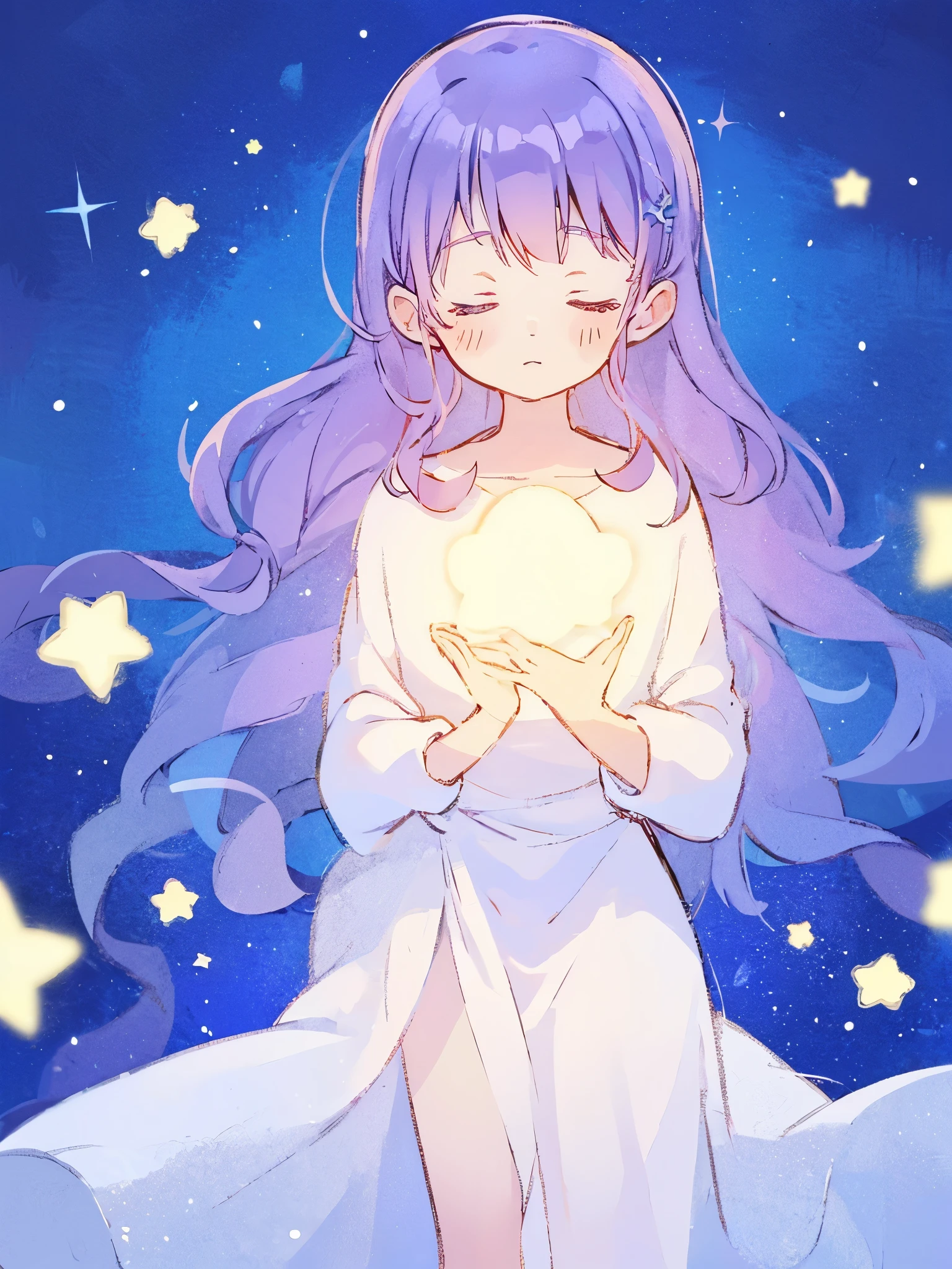wishing star background, a woman wearing an ethereal translucent dress that reflects the stars, gradient purple hair, glowing stars, complex drawing, highly detailed, ethereal, starry night, midjourney style