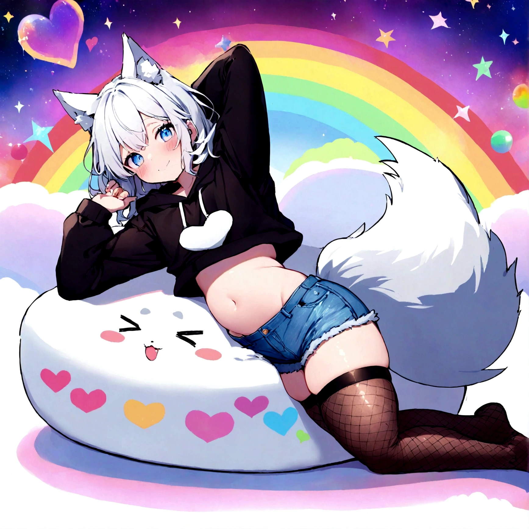 a cute adult male with wolf ears, white hair, has a wolf tail, wearing a loose cropped oversized black hoodie, wearing a pair of denim short shorts and thigh high fishnet stockings, thick thighs, wide hips, relaxing on mound of fluffy multi colored kawaii plushies, short, very slim, showing slender tummy, stretching out, heart on hoodie, squishy thighs, has glowing blue eyes. alone, solo (ALONE)(SOLO), surrounded by rainbows, colorful galaxy backround, wipe opened mouth smile