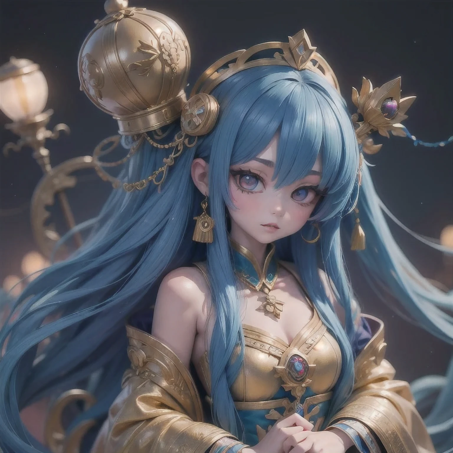 18 years old with blue hair wearing a gold crown and a blue wig, fantasy art style, ((a beautiful fantasy empress)), a beautiful fantasy empress, artwork in the style of Girl, azure. detailed hair, 18 years old, palace ， a girl in hanfu, beautiful celestial mage, anime girl with cosmic hair