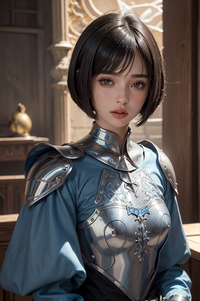 Medieval France, A world of swords and magic, Fantasy, Medieval Knight,thin, Shiny and beautiful armor, Detailed Armor, Blue surcoat and armor, Adobe Photoshop, Realistic digital painting, Historical portraits, High resolution, Warm Light, Iconic art, Brave, An exciting atmosphere, whole body, 18 year old female knight, Black Hair, (Bobcut:1.4), ((Beautifully detailed face)), beautifully detailed skin, Intricate details, Very detailed,Detailed lips,Open your mouth,Realistic Face,blush,Embarrassing,Realistic Skin,(Vibrant Skin,Moisturized Skin:1.2),Vivid lips,Lip gloss