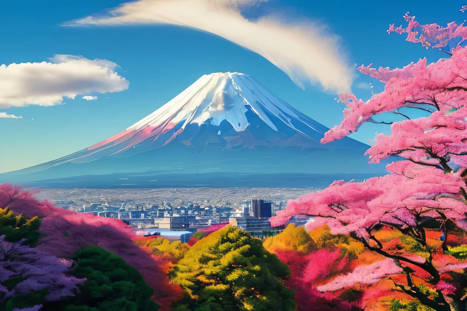 Fantastic Mt. Fuji　Mount Fuji in the center、Colorful trees on both sides々lined up、A beautiful sky spreads out behind Mount Fuji
