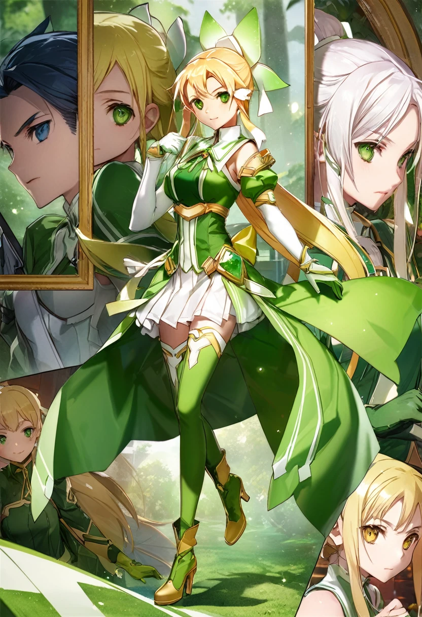 highest quality、unity 8k wallpaper、32k、masterpiece、Very detailed、Ultra-high resolution、Very detailedな顔、RAW Photos、Professional、Ultra-fine painting、Magical Fairy Swordsman Leafa、Blonde long hair、White Hair Ribbon、Green Eyes、Green magical girl costume、Blonde ponytail、White Hair Ribbon、Yellow ribbon with a large emerald brooch、White pleated skirt with green lines、Green and yellow long gloves、Green thigh-high stiletto heel boots with gold molding、Full Body Shot、