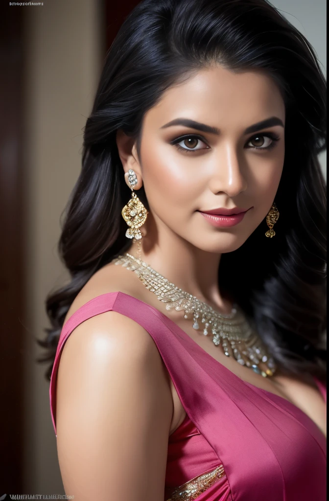 portrait of A confident-looking indian woman princess with long flowing hair, hazel eyes, with pink blue saree, a smile on the face, royal and lusty look, blue bindi, standing in light background, c-cup breast, perfect composition, hyperrealistic, super detailed, 8k, high quality, trending art, trending on artstation, sharp focus, sexy photo, intricate details, highly detailed, art by Greg Rutkowski